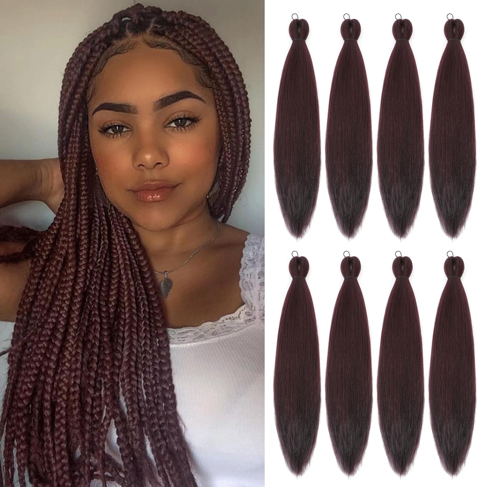 DIFUNEE Pre-stretched Braiding Hair - 30 Inch 8 Packs Burgundy Wine Red Super Braiding Hair For Twist or Box Braids, Yaki Texture Hot Water Setting