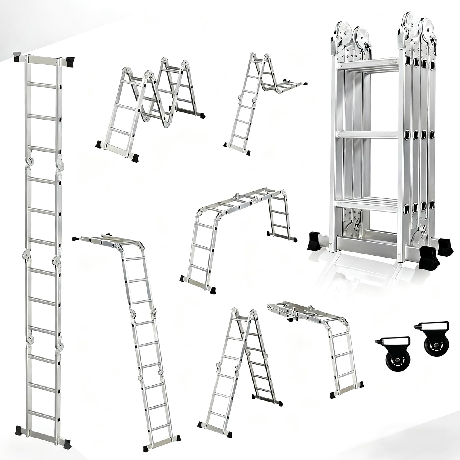 OUTIGO Escalera Multiusos 4x3, 7 en 1, 12 peldaños, Plegable, de Aluminio, con 2 Ruedas, para Uso doméstico, Carga máxima 150 kg