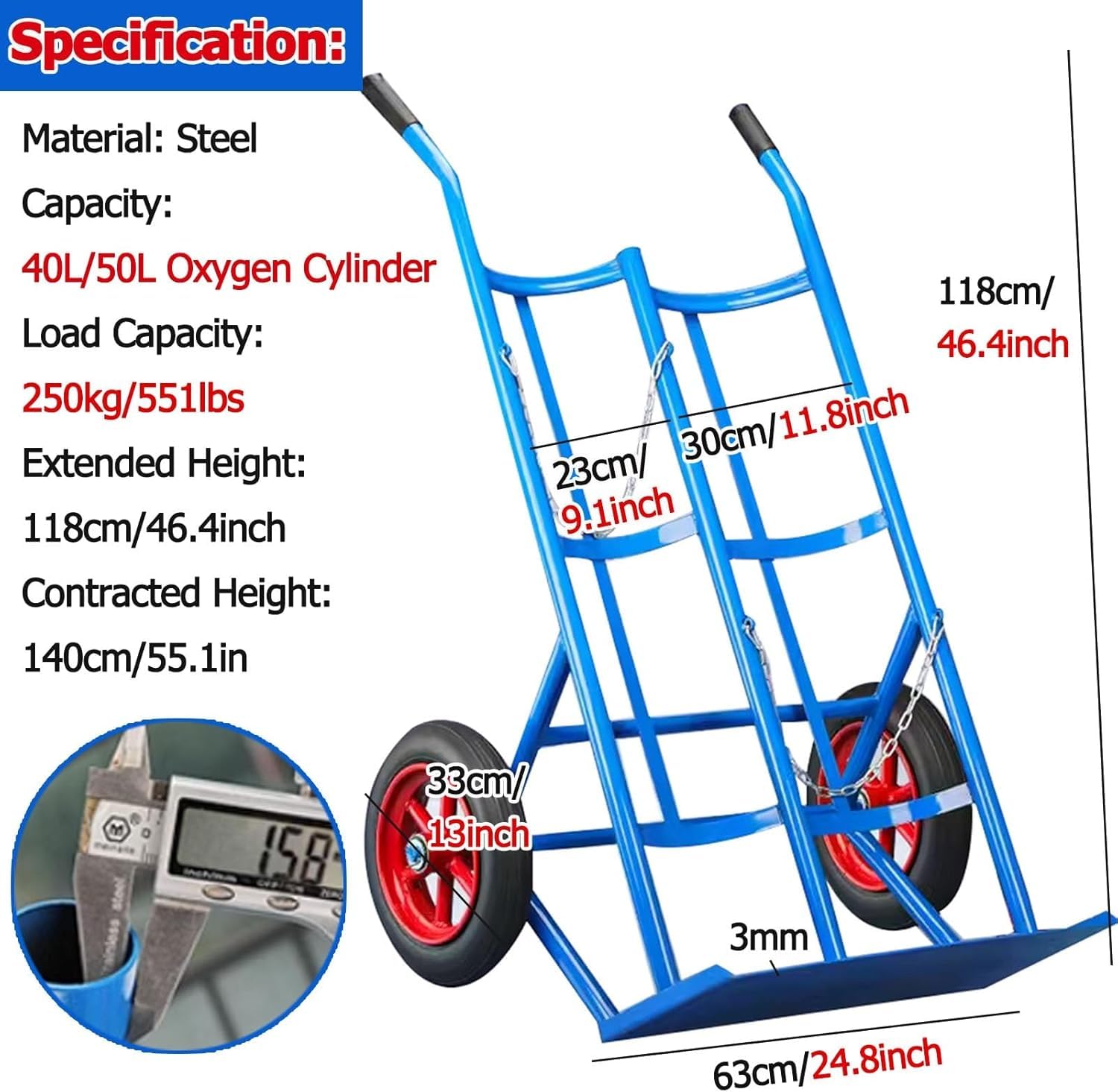 Dual Oxygen Cylinder Cart for Storage and Transportation, Outdoor/Indoor Movable Portable Oxygen Tank Carrier Rack, Cylinder Bracket with Wheels, Load 551lbs(Solid Wheel)
