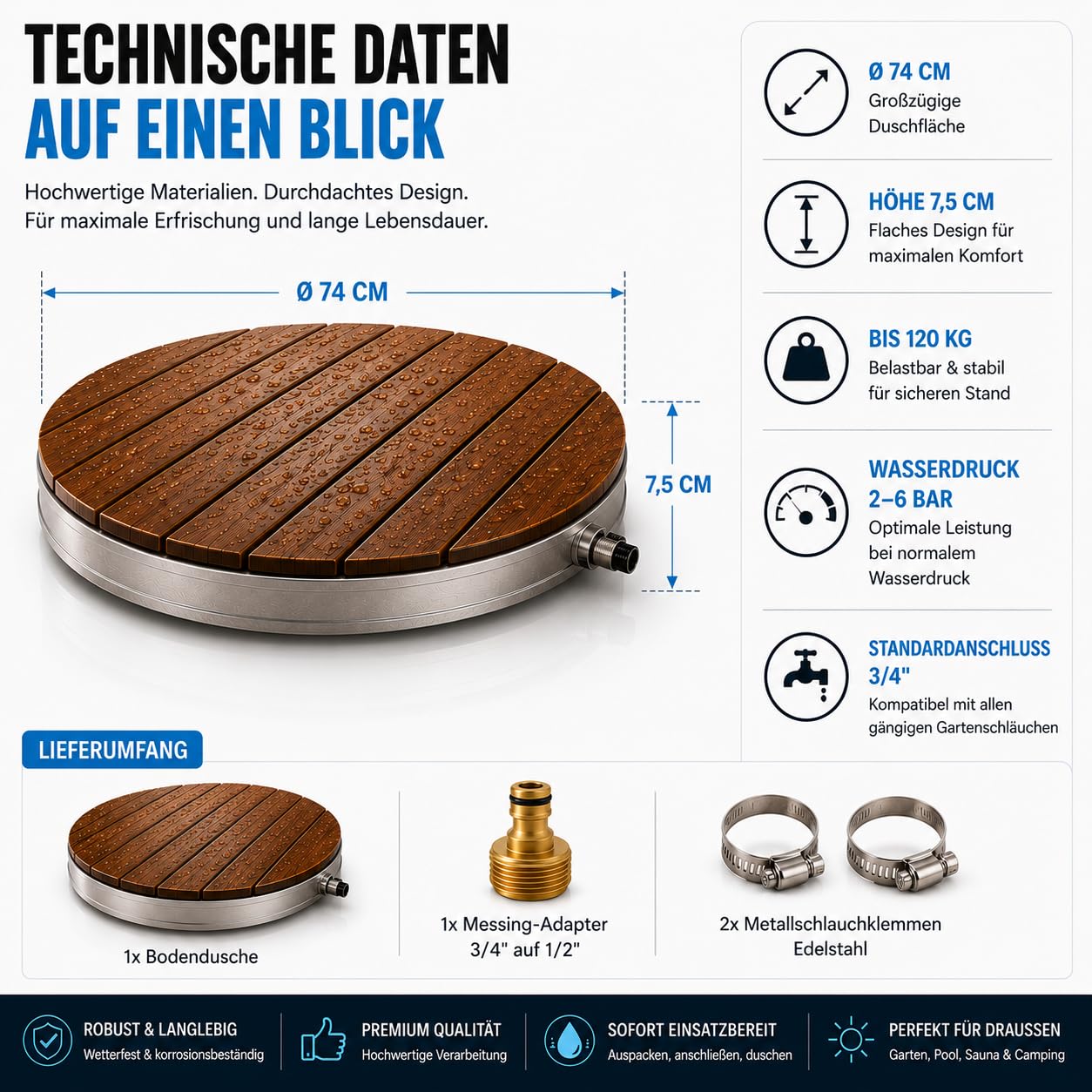 poolomio® Bodendusche Outdoor Ø 74 cm - Gartendusche WPC, 18 Fontänen, 4m | Außendusche/Outdoor Dusche für Garten, Pool & Terrasse, Anschluss an 3/4-Zoll-Gartenschlauch, Fuß-Stellrad, mobil, wetterfest