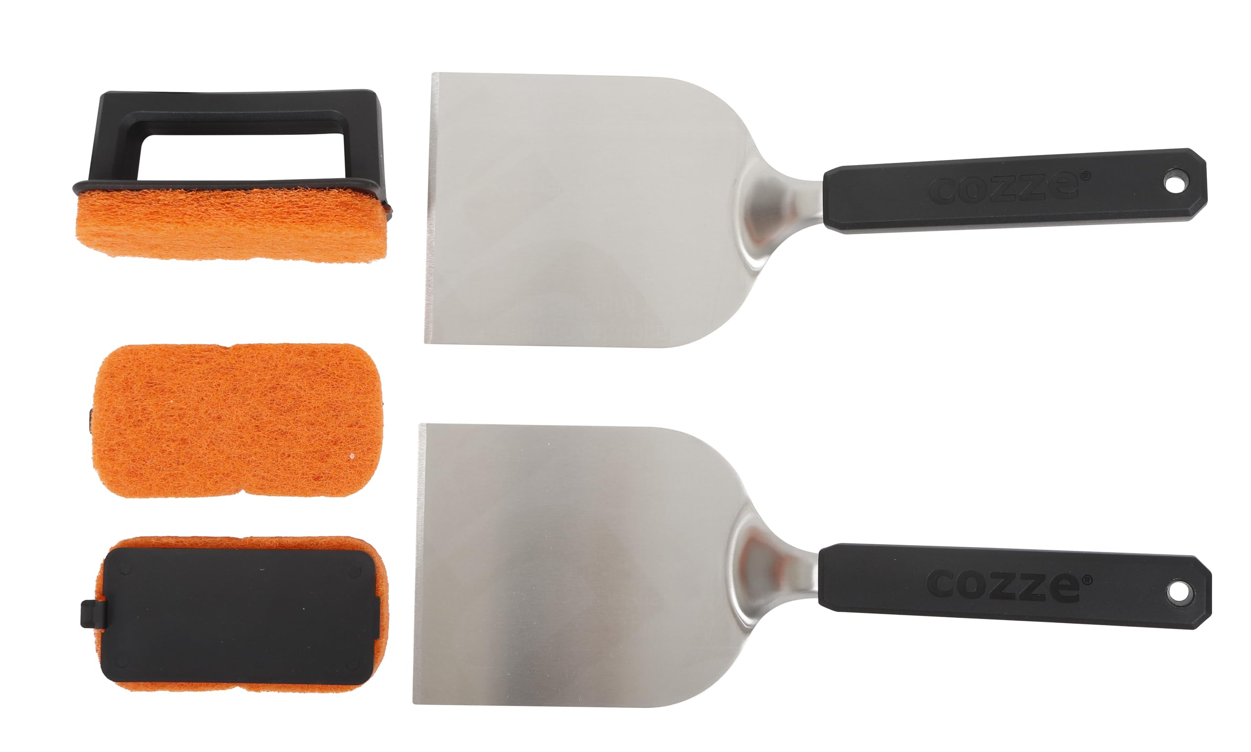 Cozze® Zestaw startowy do grillowania ze stali nierdzewnej SS 304, 9-częściowy, ze szpatułką, przyrząd do czyszczenia grilla, butelki na sosy i pierścienie do jajek, zestaw