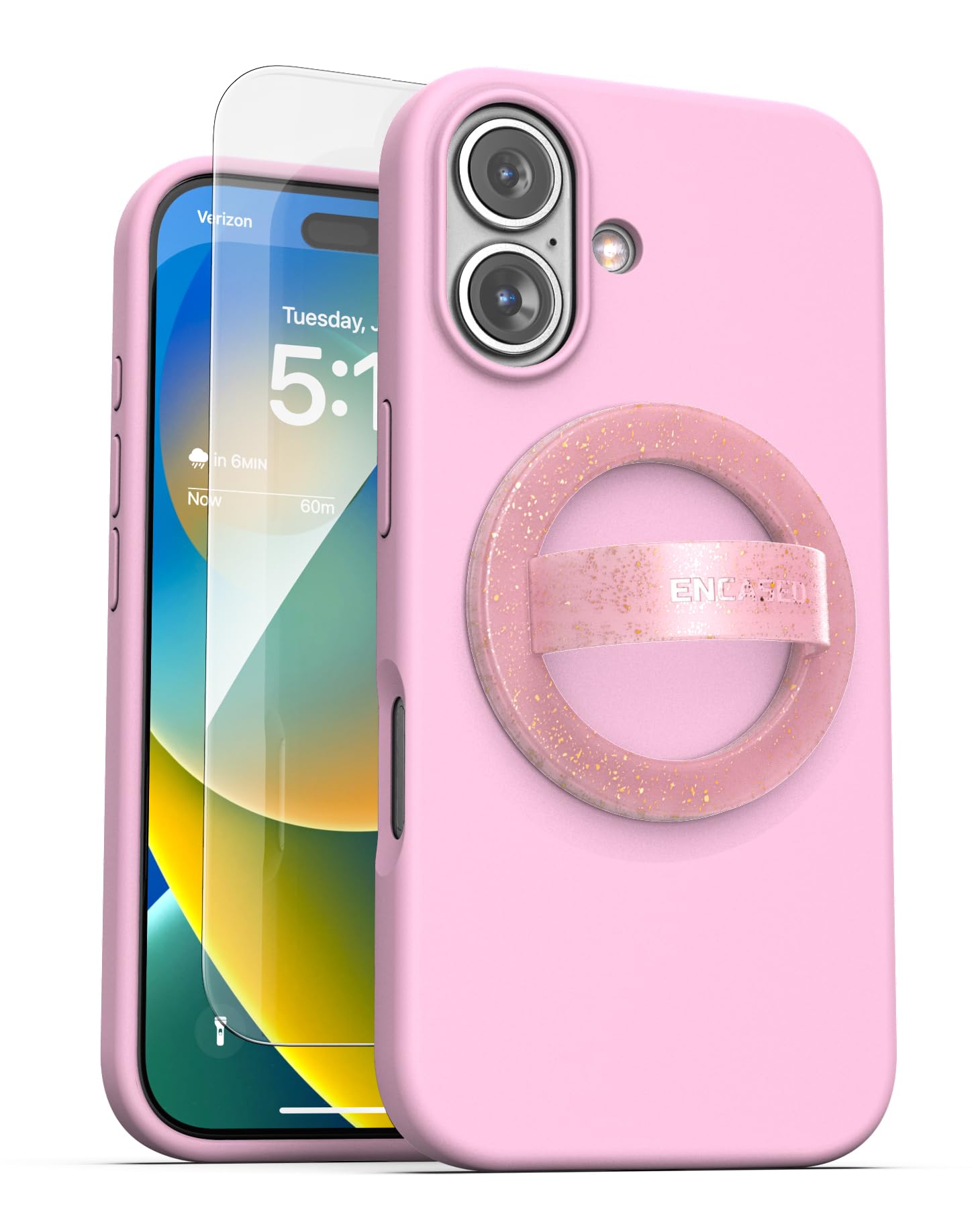 ENCASED Silicone Case Compatible with iPhone 16 with Removable Magnetic Phone Grip Holder (Compatible with MagSafe) - Pink