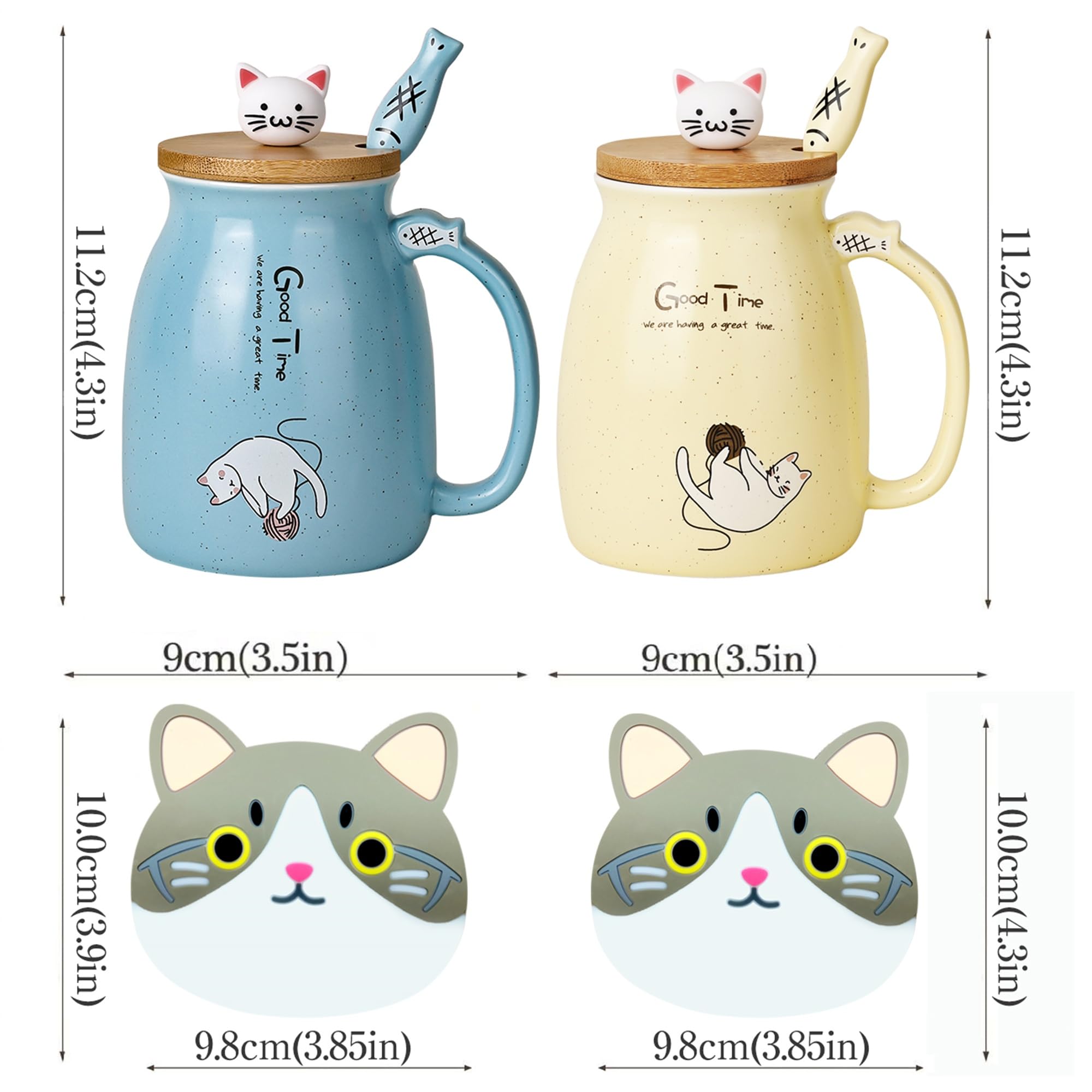 Confezione da 2 tazze graziose con gatto in ceramica, set da 2 con coperchio in bambù e cucchiaino, novità tazzine per caffè, latte e tè con design gatto, tazze per amanti dei gatti, per donne (Blu e