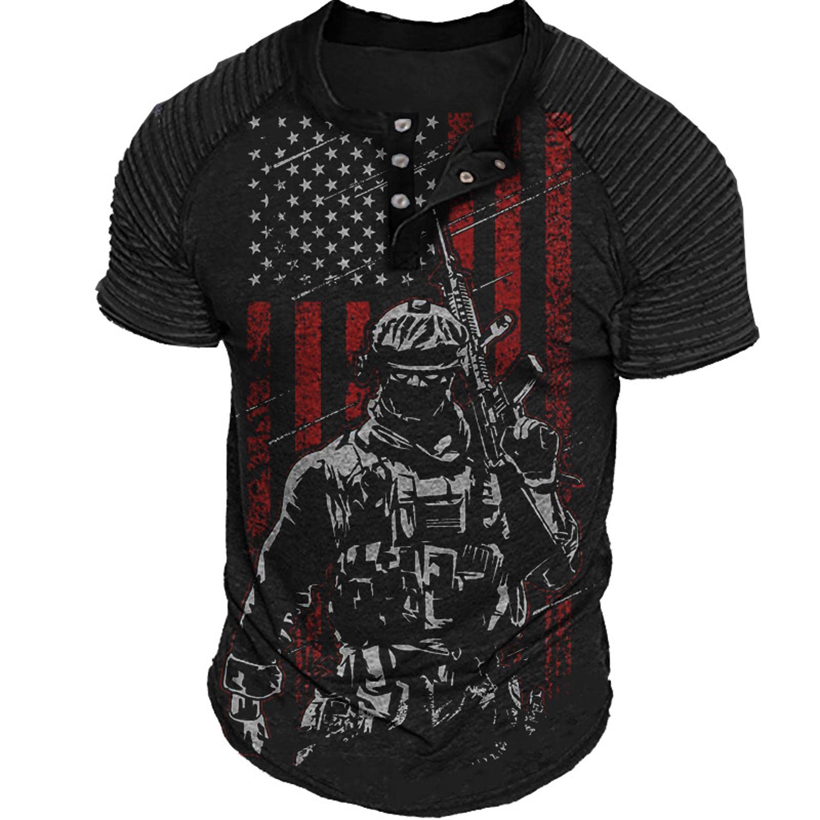 Men's Outdoor Tactical TShirt Summer New American Independence Day Flag Print 3 Button Henry Collar Short Sleeve TShirt