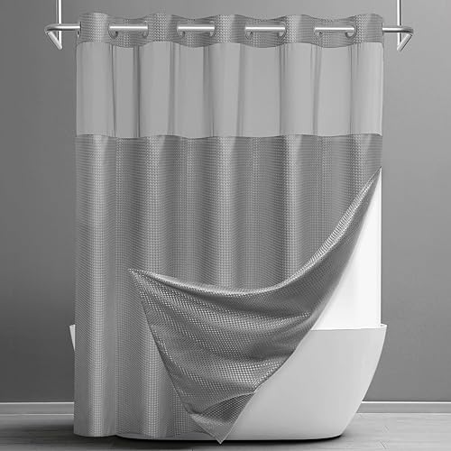Cortina de ducha sin gancho con forro a presión, cortina de ducha de gofre para baño, tela estilo hotel, forro interior impermeable, 71 pulgadas de