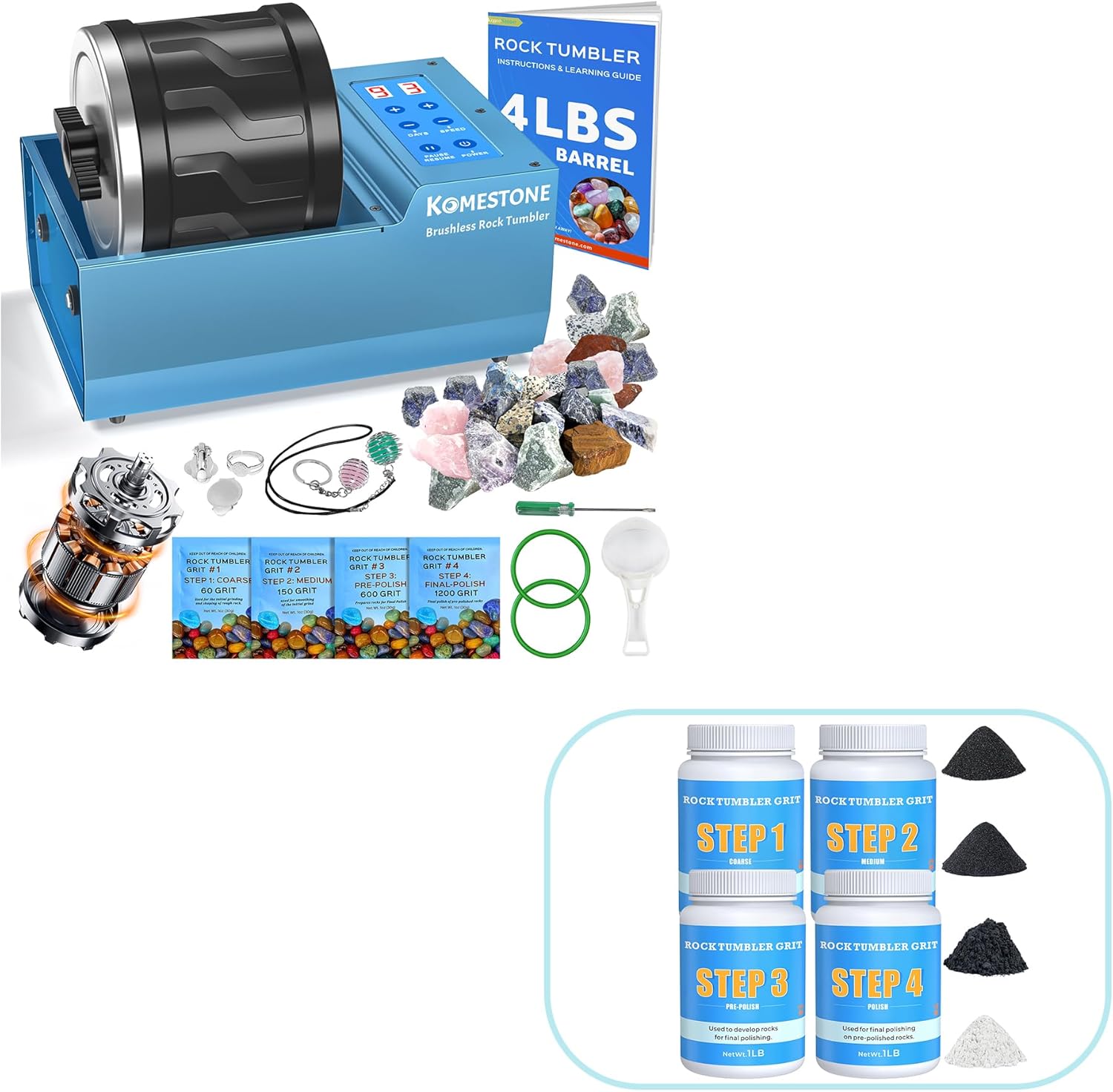 Professional Rock Tumbler Kit Bundle – 4LB Large Capacity Rock Tumbler with Brushless Motor, Heavy Metal Base, Adjustable Speed & 9-Day Timer + 6LB Rock Tumbling Grit & Polish Refill Kit, 4-Step Media