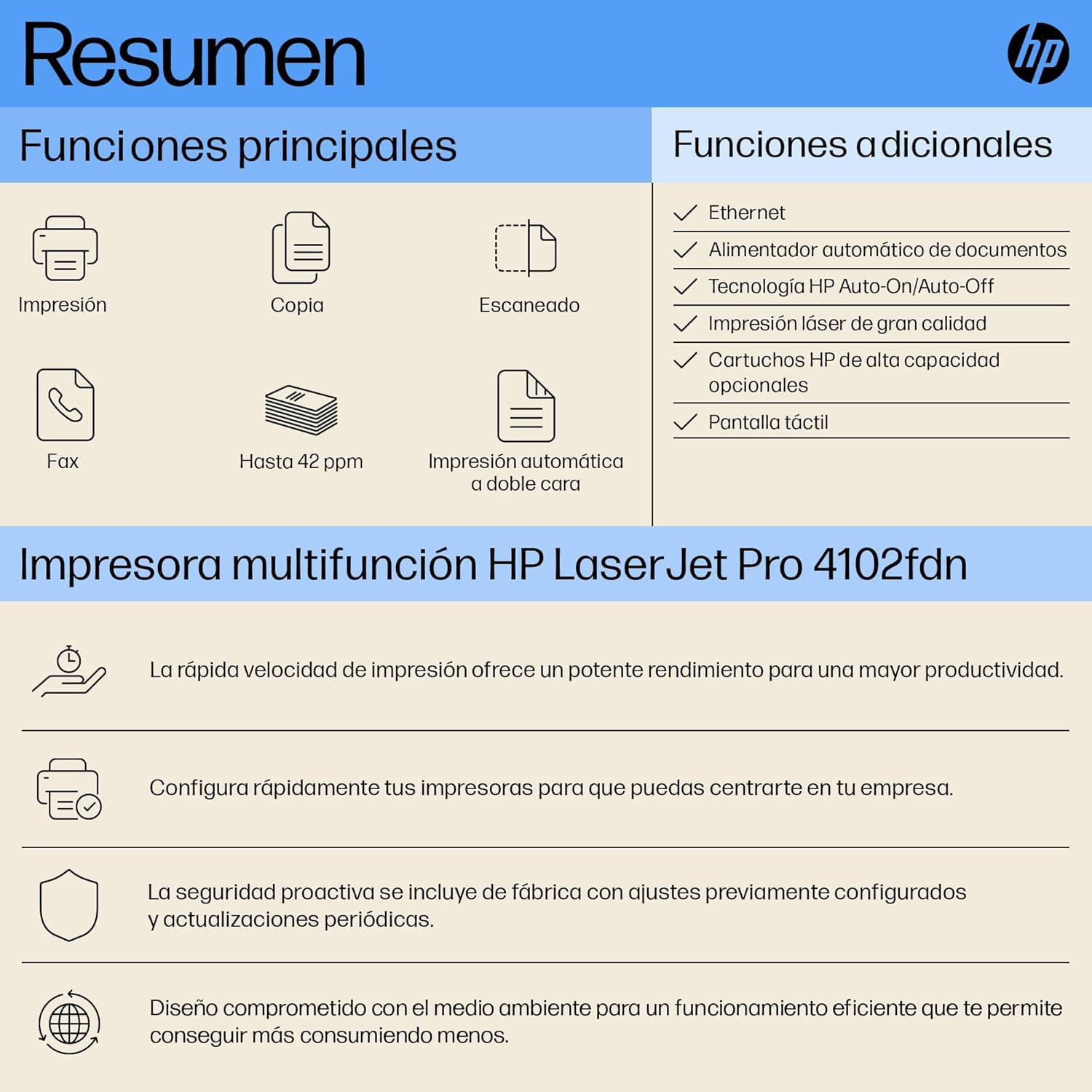 HP Impresora multifunción LaserJet Pro 4102fdn (Impresión Doble Cara Automática, Scanner, Fax, Red Gigabit Ethernet, USB 2.0, 1 Host USB, HP Smart App, Apple AirPrint, Mopria), Blanca y Negra