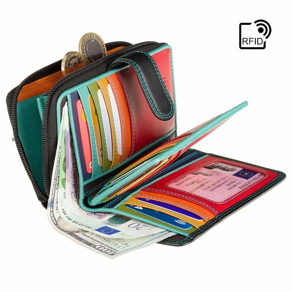 VISCONTI Cartera de cuero suave para mujer, tarjetero, portatarjetas, 2 ventanas para fotografía de identificación, 6 bolsillos deslizantes, 16 ranuras, regalos para mujer, Negro/Rhumba, Talla única