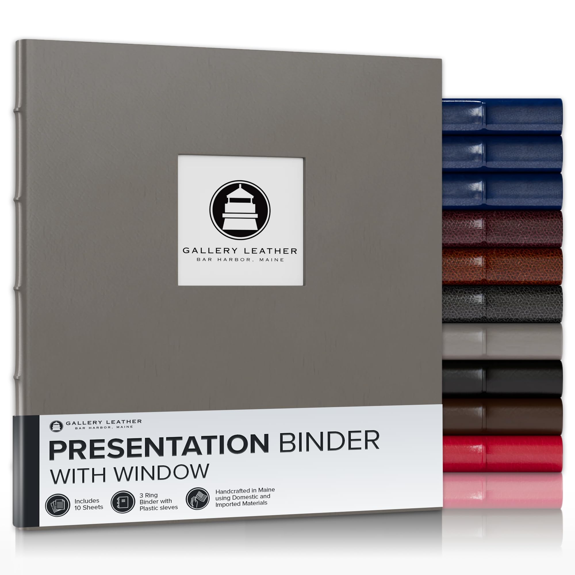 Gallery Leather 3 Ring Binder with Plastic Sleeves, Includes 10 Sheets, Sheet Size: 8.5" x 11" - Presentation Binder Rings with Window and Hubbed