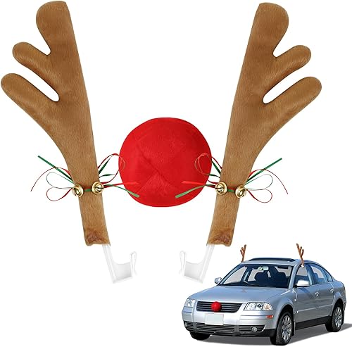 Decoración de cornamenta de reno de Navidad para automóvil, kit de decoración de automóvil con cascabeles, reno rodolfo y nariz roja, juego de