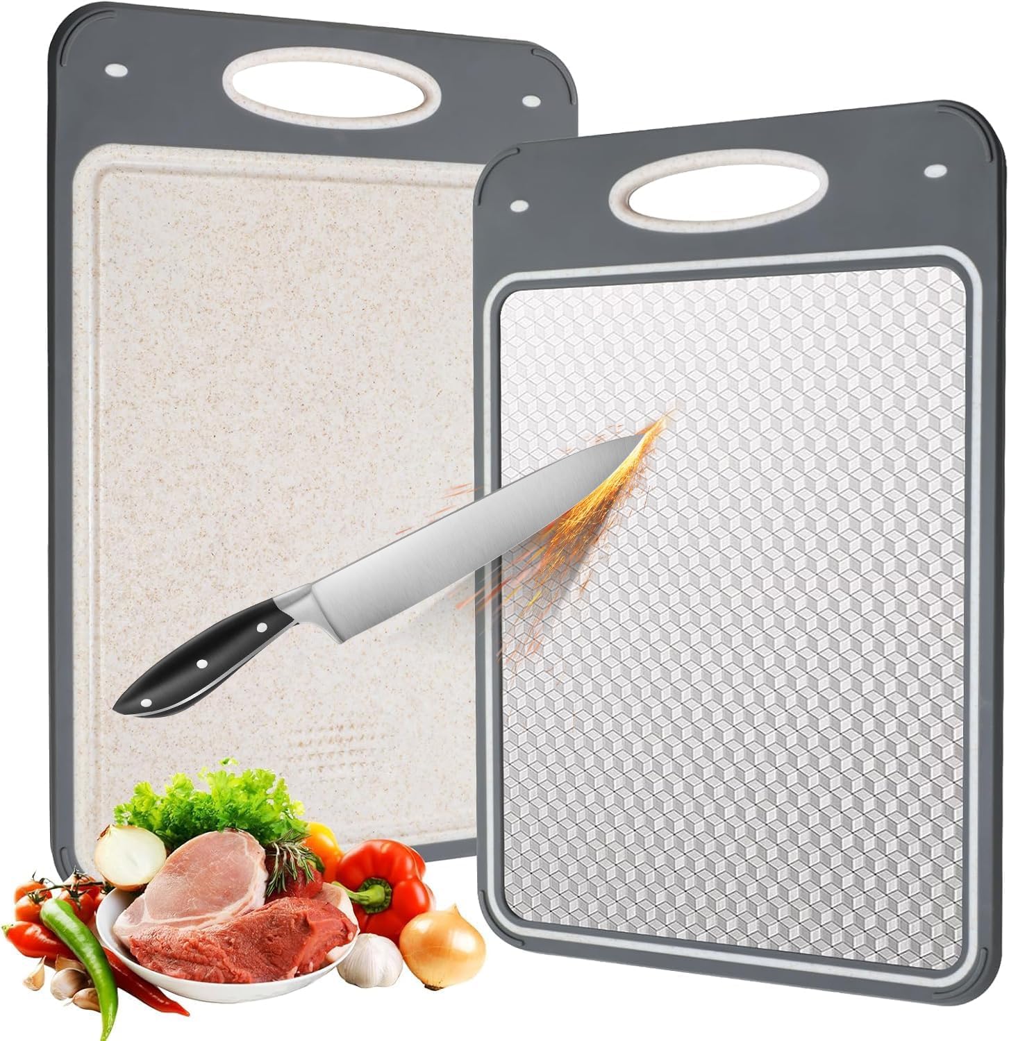 Tagliere in Acciaio Inox Alimentare, Taglieri Acciaio Inox con Scanalatura Succhi Tagliere da Cucina Professionale con Design a Rete Antigraffio, Copertura in Silicone Antiscivolo, 40x27cm