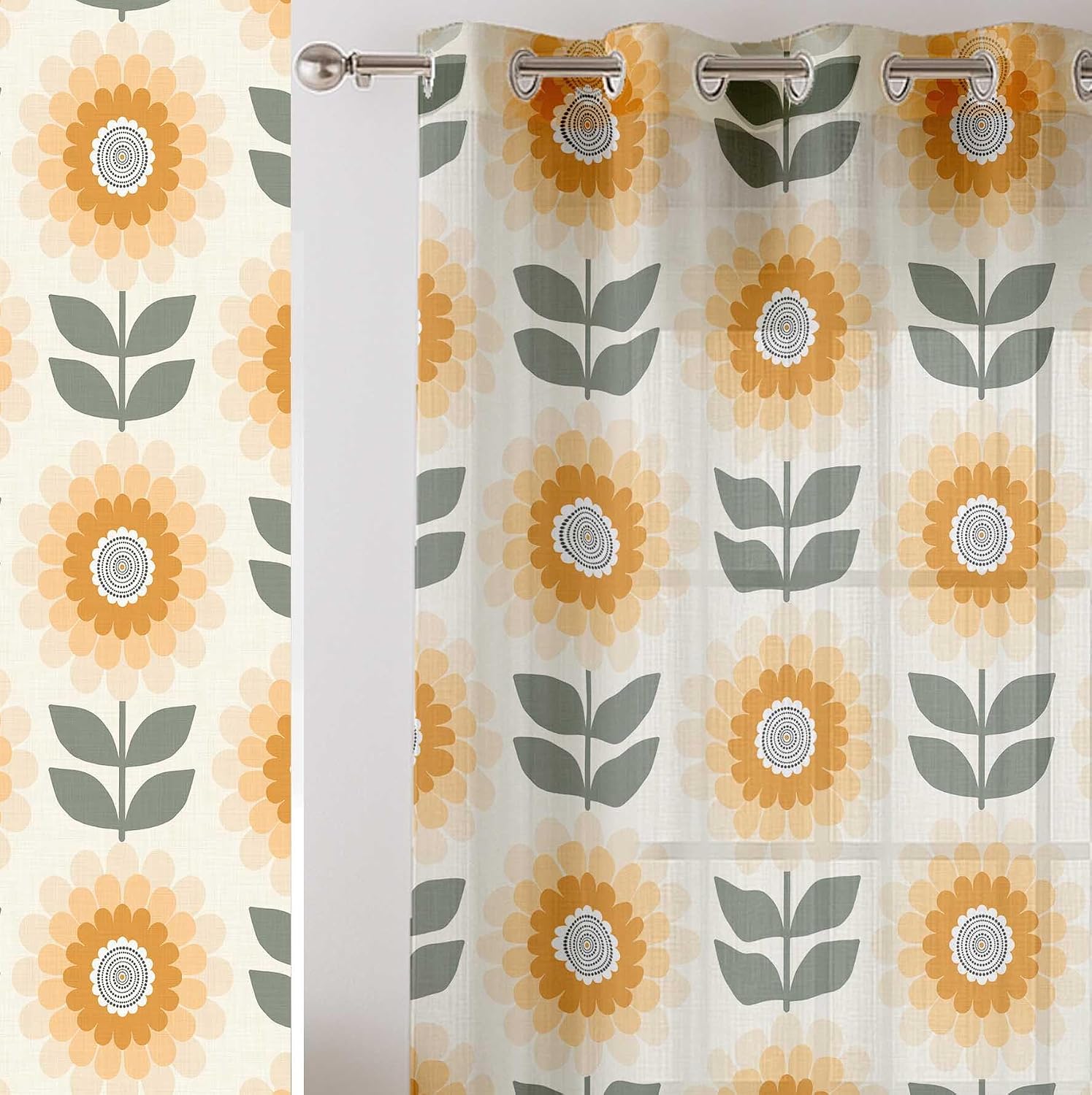 Flower Print Sheer Curtains for Short Windows - Set of 2 Panels, 63", Grommet Top, Printed Georgette, Light Filtering Drapes for Kitchen or Bedroom