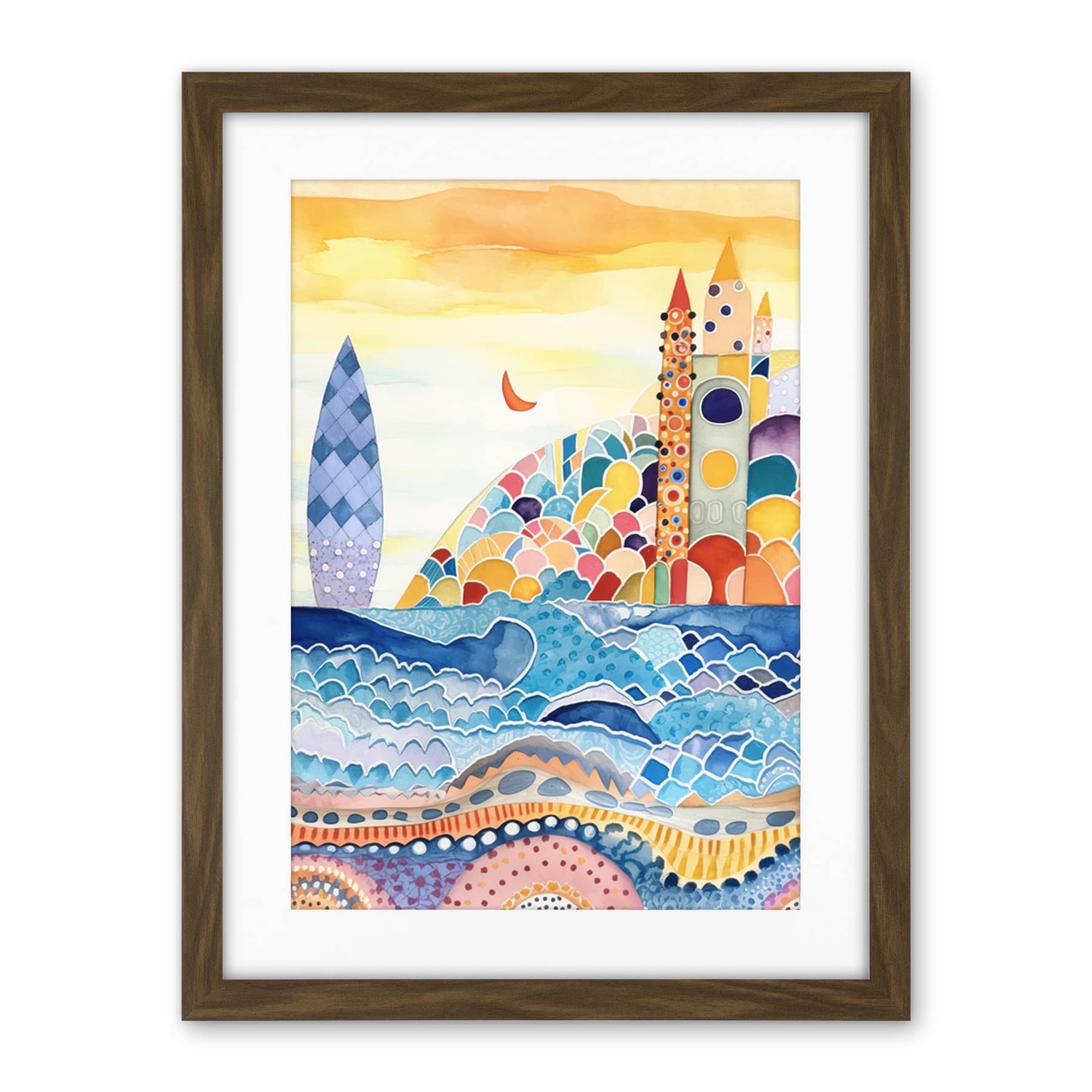 Artery8 Abstract Seascape Waves On Beach Folk Art Bathroom Artwork Framed Wall Art Print 18X24 Inch