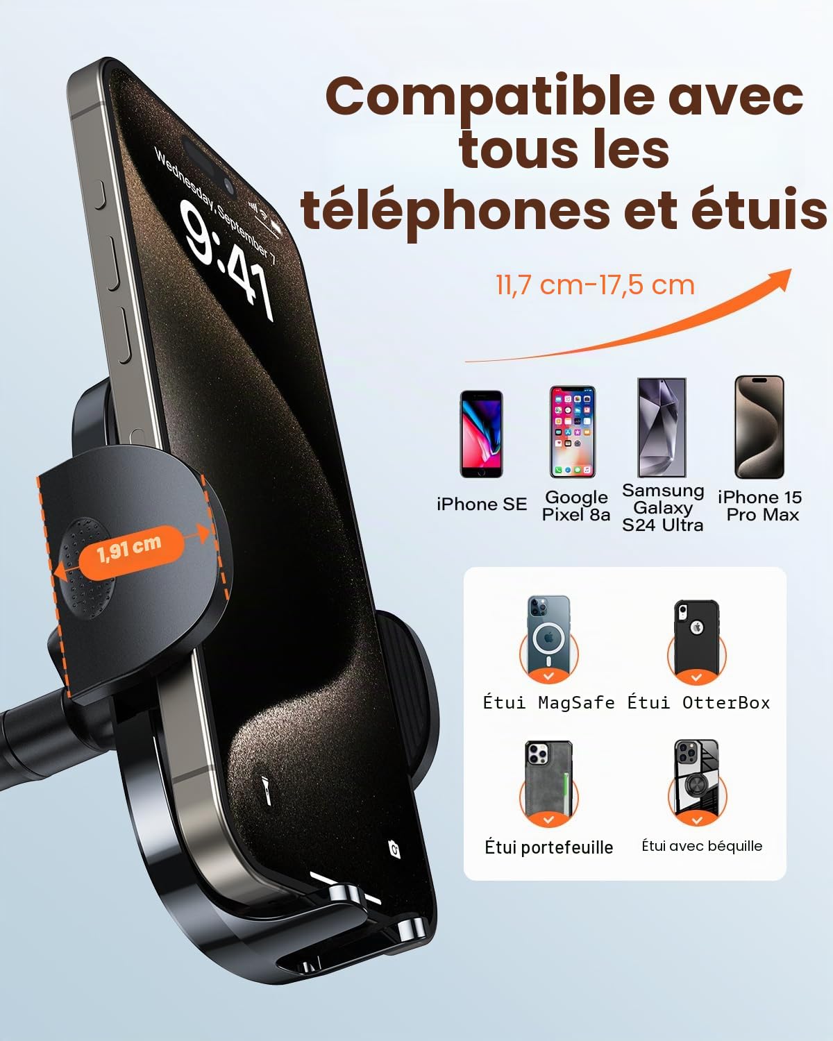 APPS2Car Support de téléphone de Voiture pour Pare-Brise - Ventouse Plus Forte - Support de téléphone pour Tableau de Bord de Voiture - Compatible avec iPhone 14/13/12 Pro Max, Samsung S22 et Plus