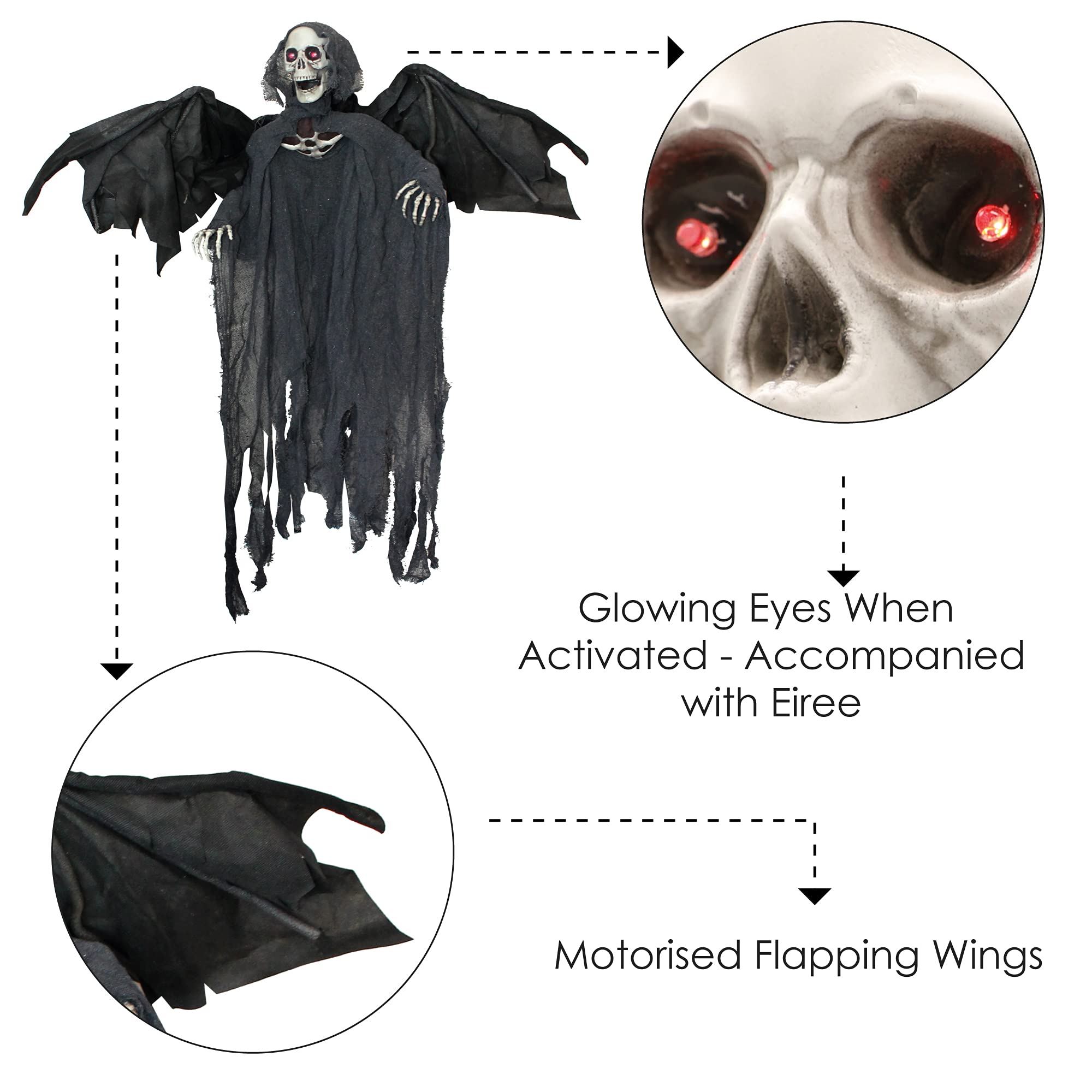 I LOVE FANCY DRESS LTD Ponure Reaper Halloween rekwizyt animowana dekoracja ze skrzydłami - czerwone świecące oczy i efekty dźwiękowe - Eerie Reaper z zmotoryzowanymi skrzydłami i głową - rekwizyty na Halloween, 1 opakowanie