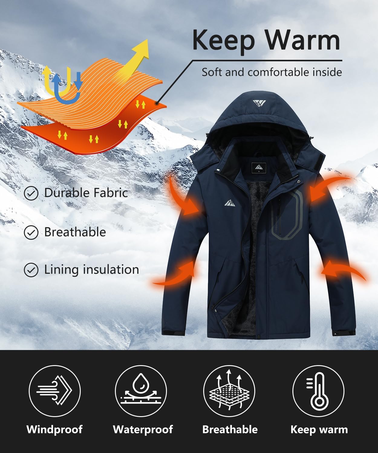 Men's Detachable Hooded Ski Jacket - Waterproof Padded Warm Lined Winter Jacket, Windproof Parka - Image 3