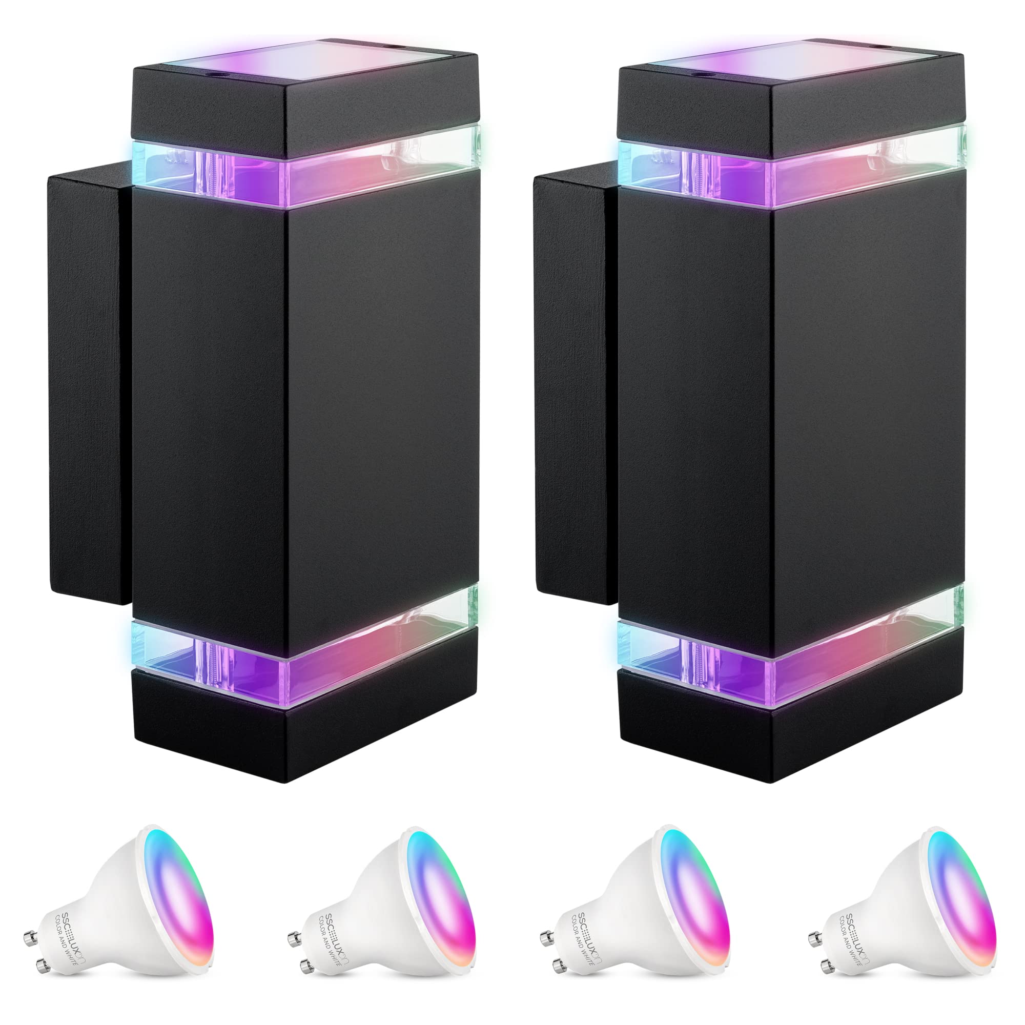 SSC-LUXon 2 Stück ZORA Up Down Wand Außenleuchte LED IP44 mit 4x Smarthome GU10 RGB WLAN - Wandleuchte schwarz eckig steuerung per App & Sprache