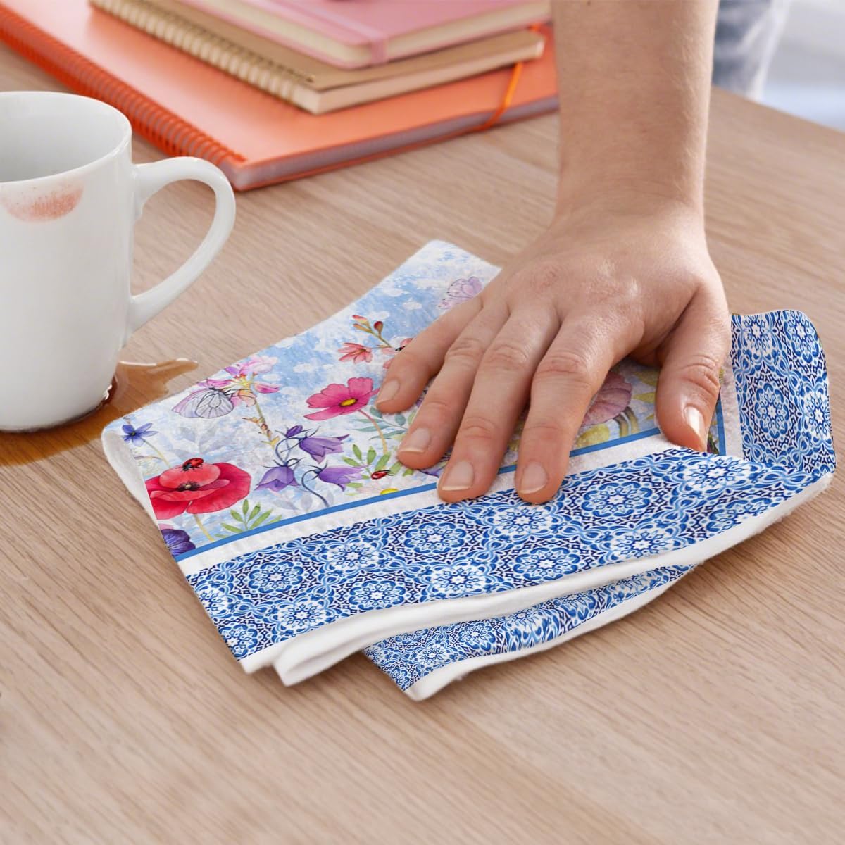 4Pcs Blue White Floral Kitchen Towels, Chinoiserie Watercolor Vibrant Wildflower & Geometric Patterns Hand Towels for Kitchen Home Decor, Absorbent Microfiber Dish Towel, Housewarming Gifts - Image 5