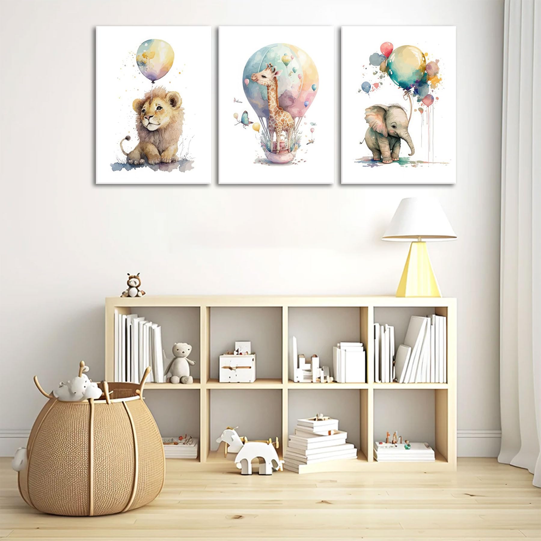 Lienzo decorativo para pared de niños, diseño de jirafa, león y elefante, 3 piezas, diseño de animales de safari, decoración de pared para habitación de niños y niñas, sin marco