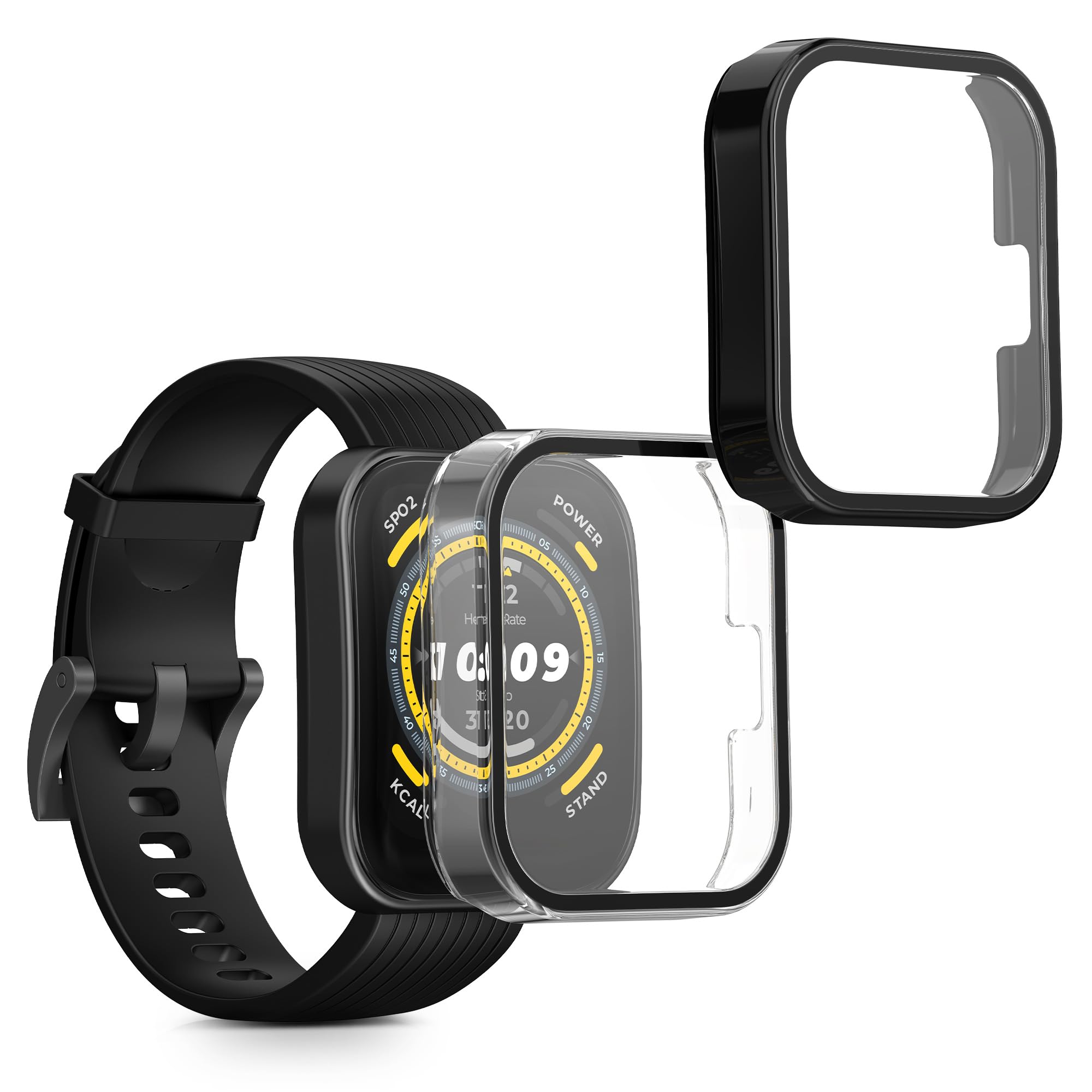 kwmobile Cover Compatible with 22mm Amazfit Bip 6 / Bip 5 Unity/Bip 5 / GTS 3 / Balance 2 / Helio Strap Covers - 2X Tempered Glass with Plastic Frame