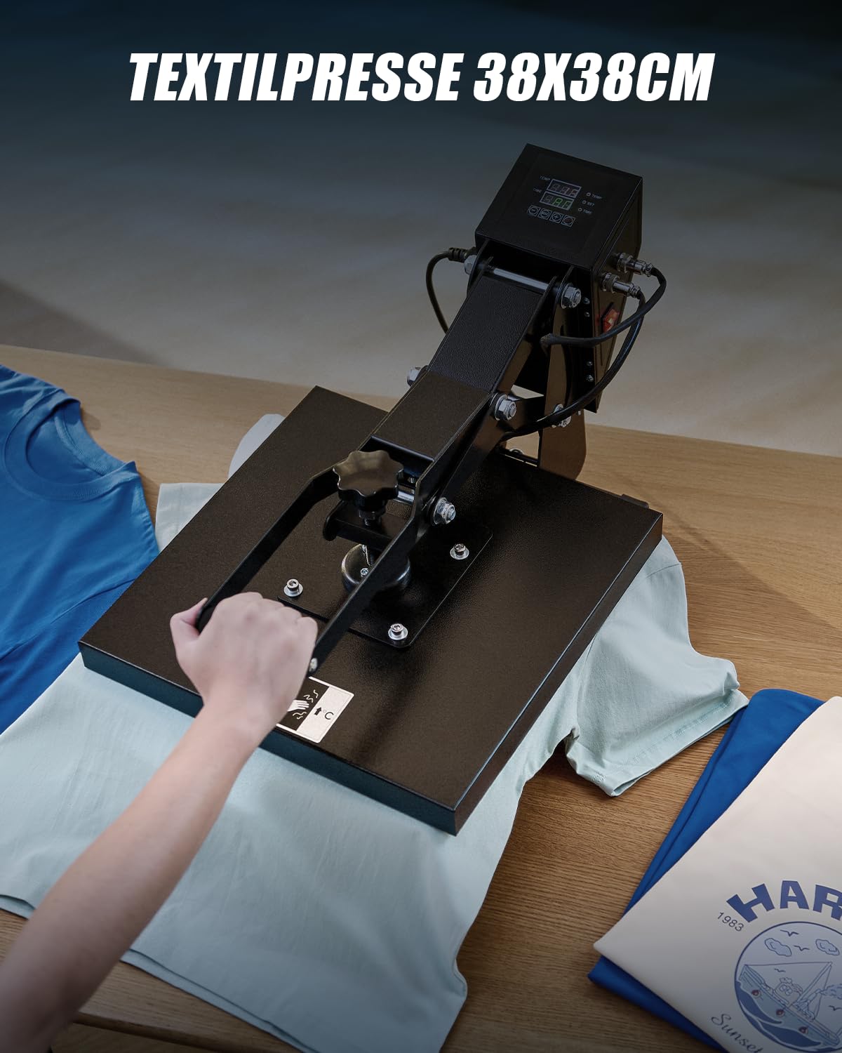 CREWORKS Heißpresse 38x38 cm, 1400W Transferpresse für T-Shirts, Profi Flachbett-Heizpresse mit Doppelanzeige & Automatischer Abschaltung, Industrielle Sublimationsmaschine für DIY Stofftaschen Kissen
