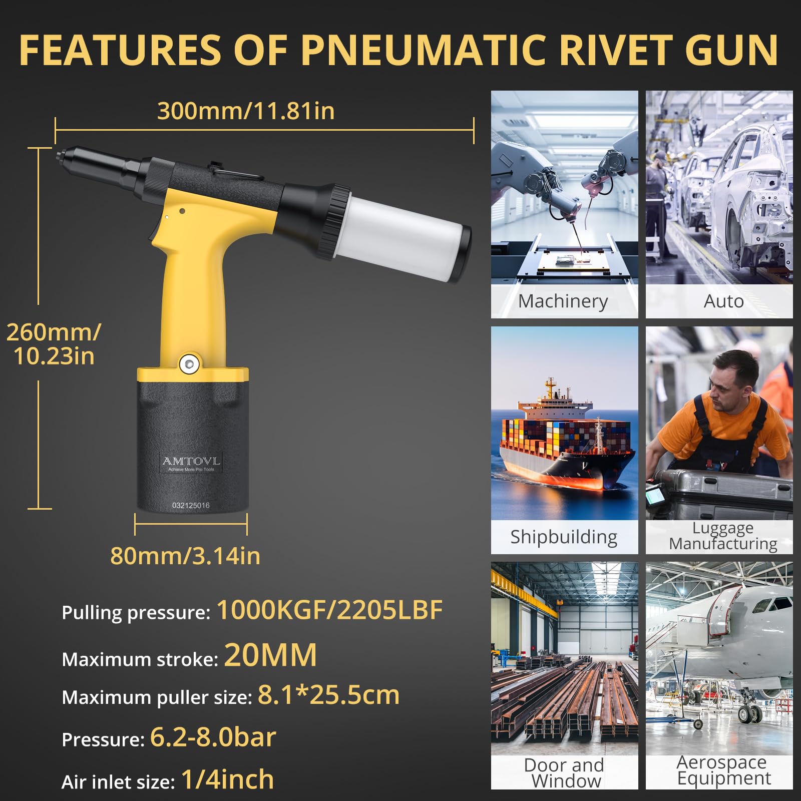 AMTOVL Rivettatrice Pneumatica - 1000 KGF Tirando Rivettatrice Pneumatica Kit Rivettatrice ad Aria per Rivetti a 2,4 mm 3,2 mm 4,0 mm 4,8 mm Rivettatrice Pneumatica Resistente per Fabbricazione