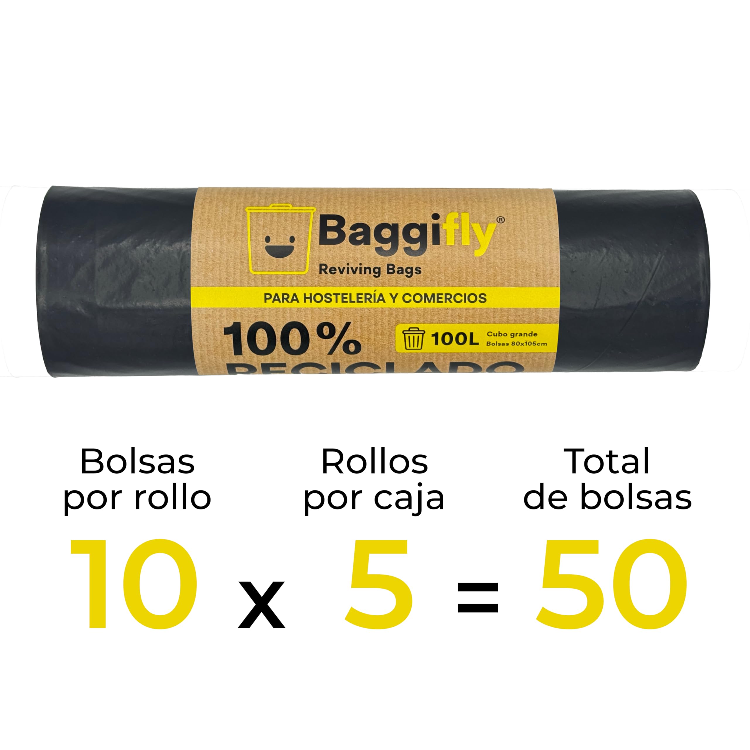 Baggifly, sacchetti per immondizia 100 l, 50 sacchetti super resistenti, 100% riciclati, Eco Friendly, ospitalità, negozi e giardinaggio, confezione da 5 x 10, made in Spagna