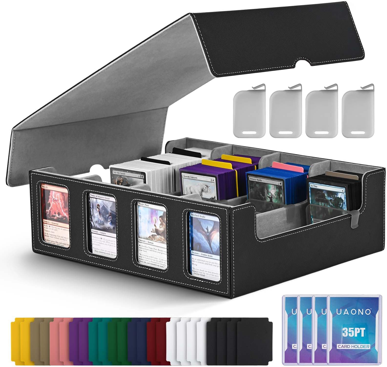 Trading Card Storage Box for Commander Display, 2400+ MTG Deck Box with 4 Top Loader, TCG Card Case fits Magic PTCG Sports Cards(Black&Gray)
