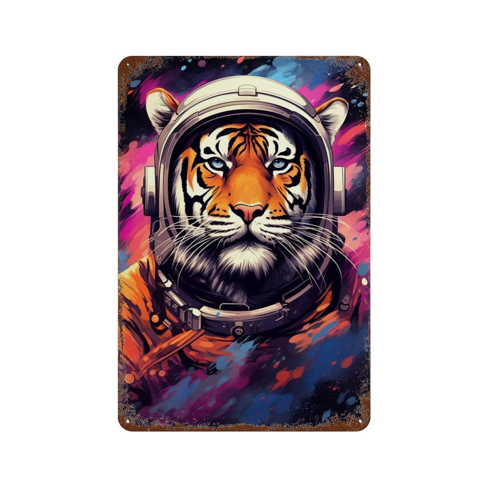 Garage Style Tiger Astronaut Space Suit-7 Rust Effect Tin Sign 11.8"x7.9", Shabby Chic Decor for Bar And Workshop