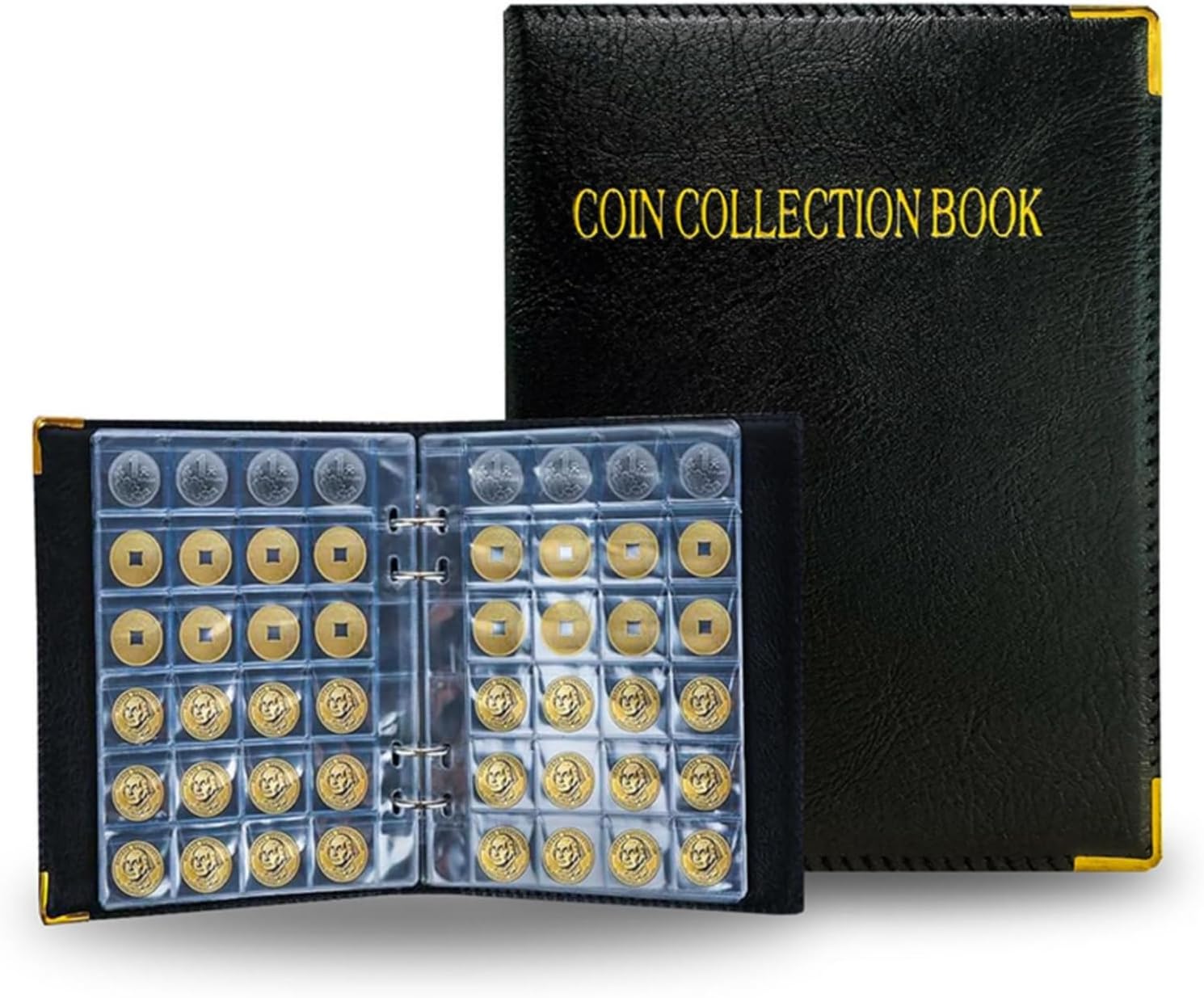 Coin Album - 4-Ring Detachable Card Pages, 20-Page PU Leather Coin Collection Album(Big Grid 10 + Small Grid 10 Pages+Shell)