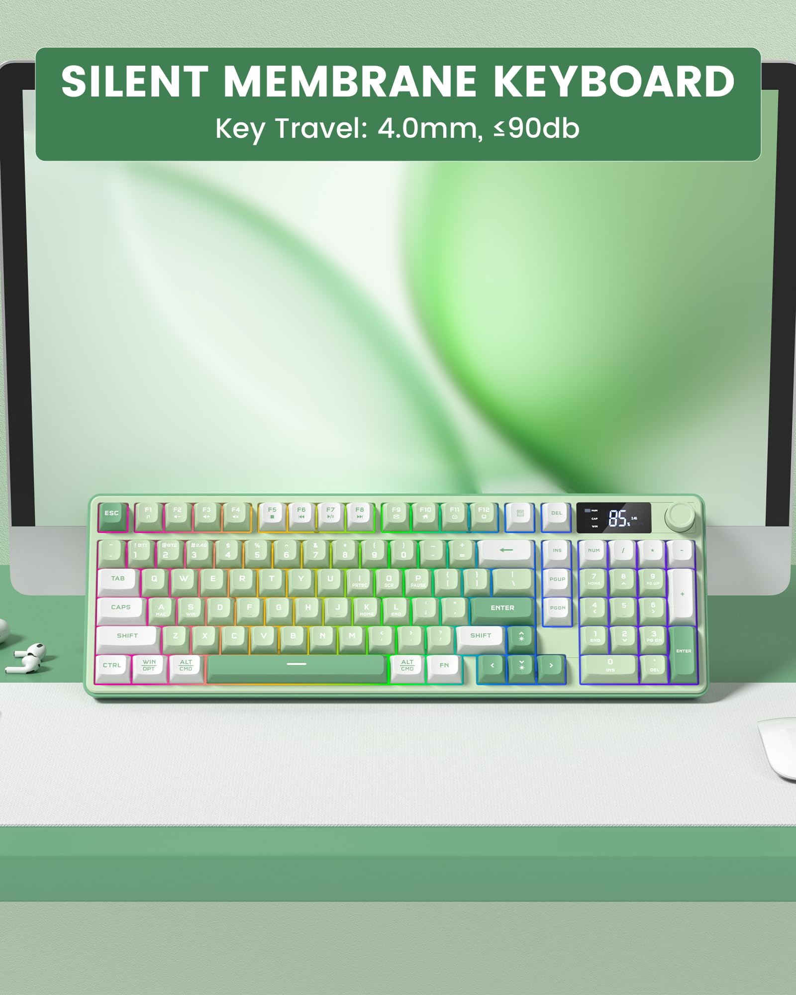 Keymatic Gaming Keyboard Wireless Creamy Keyboard with Media Knob & Screen Cute Keyboard Mechanical Feeling Membrane Keyboard with Number Pad RGB Backlit Tri-Mode BT/2.4GHz/USB-C - Green — view 9