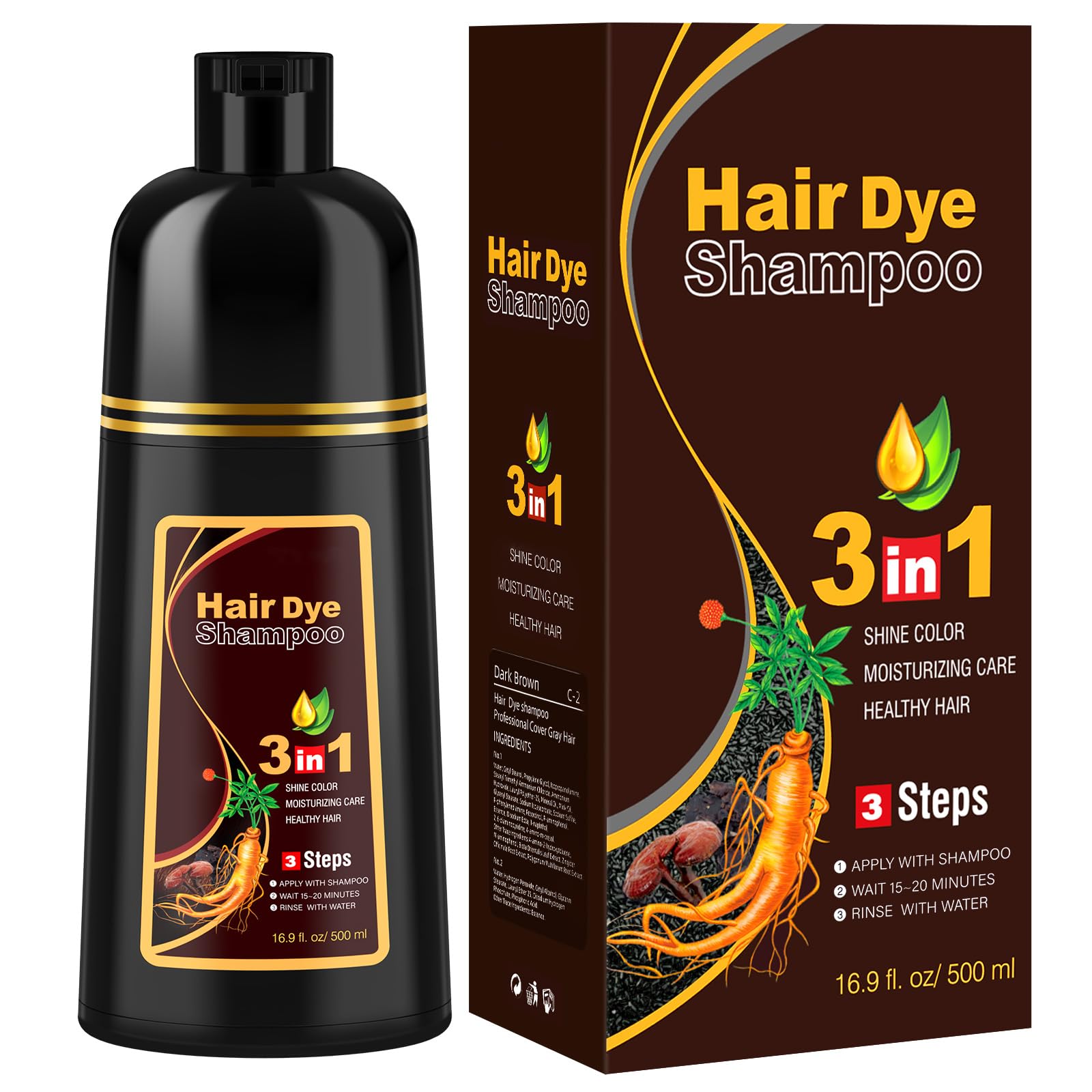 Haarfarbe Dunkelbraun Haarfärbeshampoo für Graues Haar, Sofort Haarfarben für Männer und Frauen, Natürlich und Langanhaltend Farbshampoo, Hair Dye Shampoo 3 in 1, Hair Color, 500ml