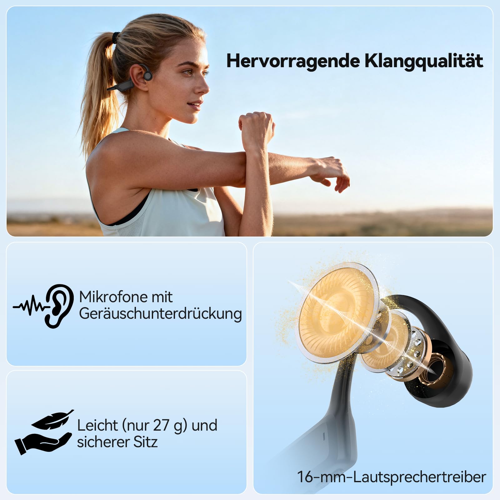 TECKNET Knochenschall Kopfhörer Bluetooth, Bone Conduction Headphones mit Mikrofon, Open Ear Sport Kopfhörer für Fahrrad Laufen, IPX5 Wasserdicht, 10H Akku, Knochenleitungskopfhörer, Schwarz