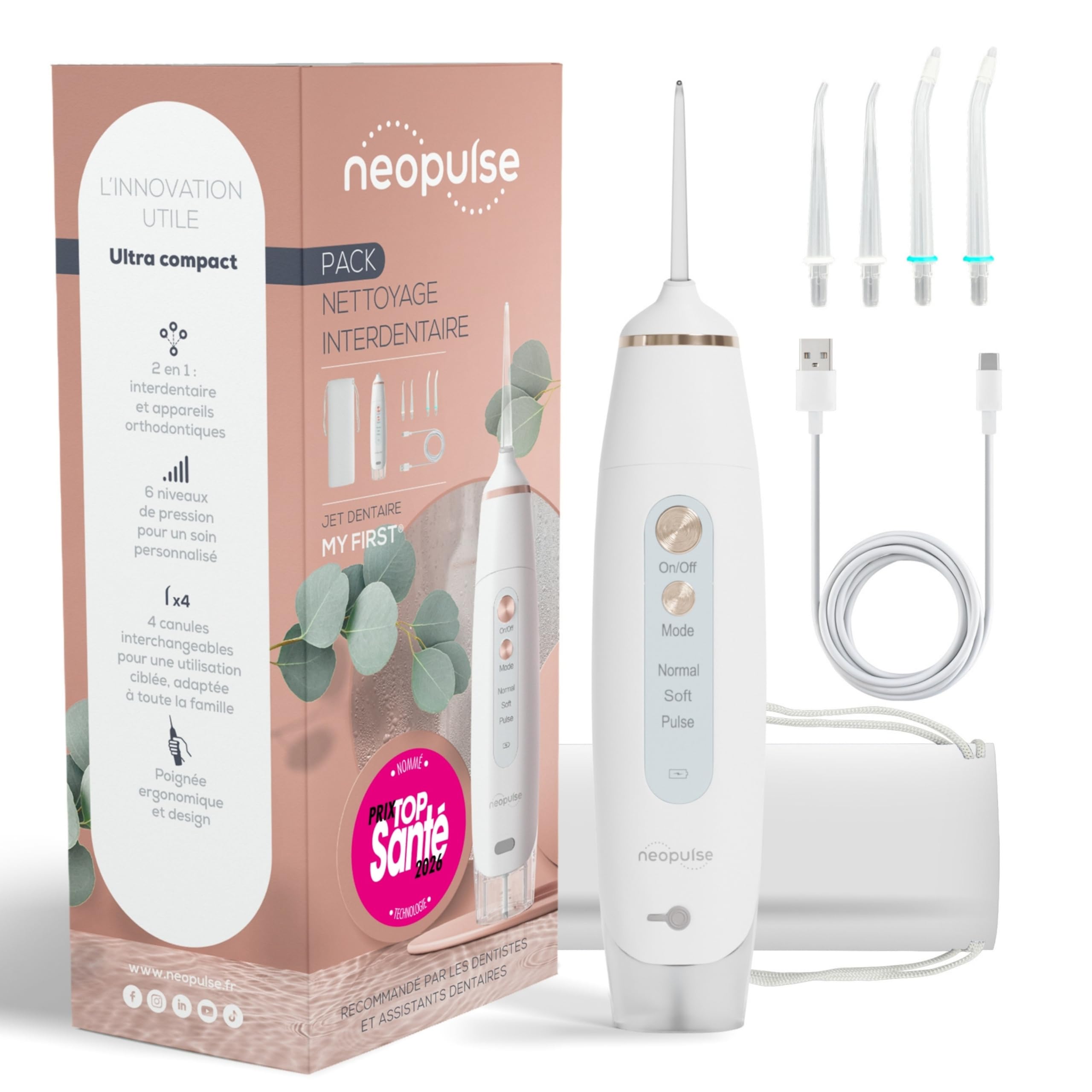 NEOPULSE MY FIRST – Irrigador Dental Portátil, 6 Niveles de Presión, 4 Boquillas Incluidas (2 Clásicas + 2 Ortodónticas), Depósito 165 ml, Recargable USB-C, Ideal Ortodoncia y Encías Sensibles, Blanco