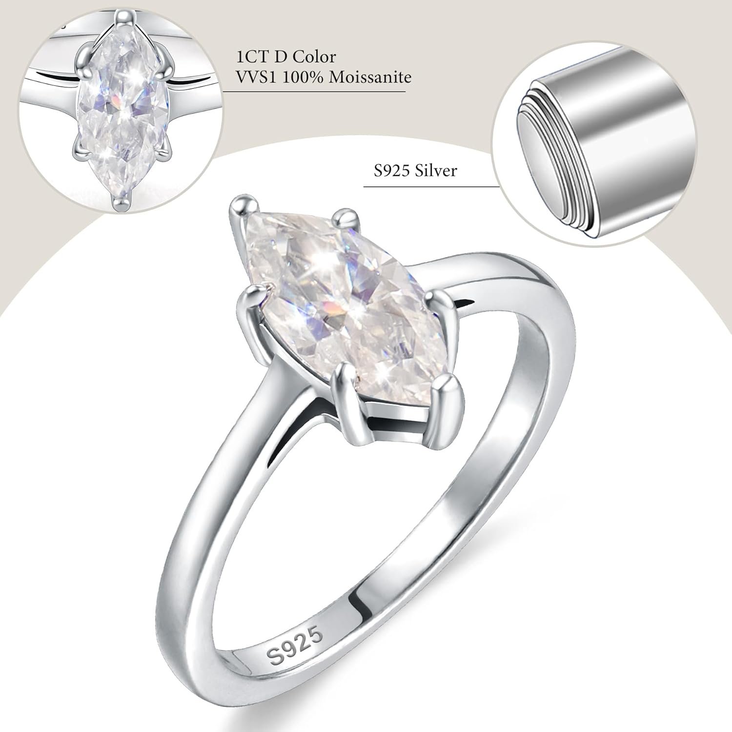 Engagement Rings for Women – 1CT Marquise Cut Moissanite Wedding Ring in 925 Silver Plated With 14k Gold Promise Anniversary Ring Gift