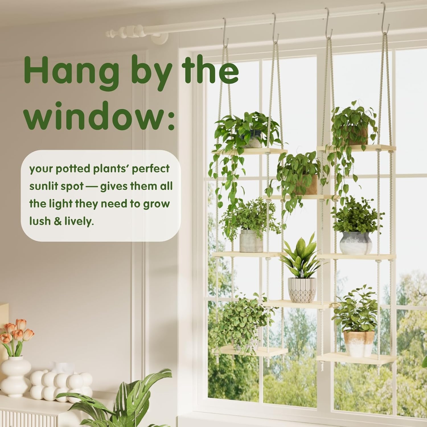 Window Plant Shelves, 8 Tier Window Sill Shelf for Plants, Macrame Hanging Plant Stand Indoor, Plant Hanger Floating Shelves, Window Plants Holder Boho Decor Living Room Bedroom Wall Decor (2 Pack)