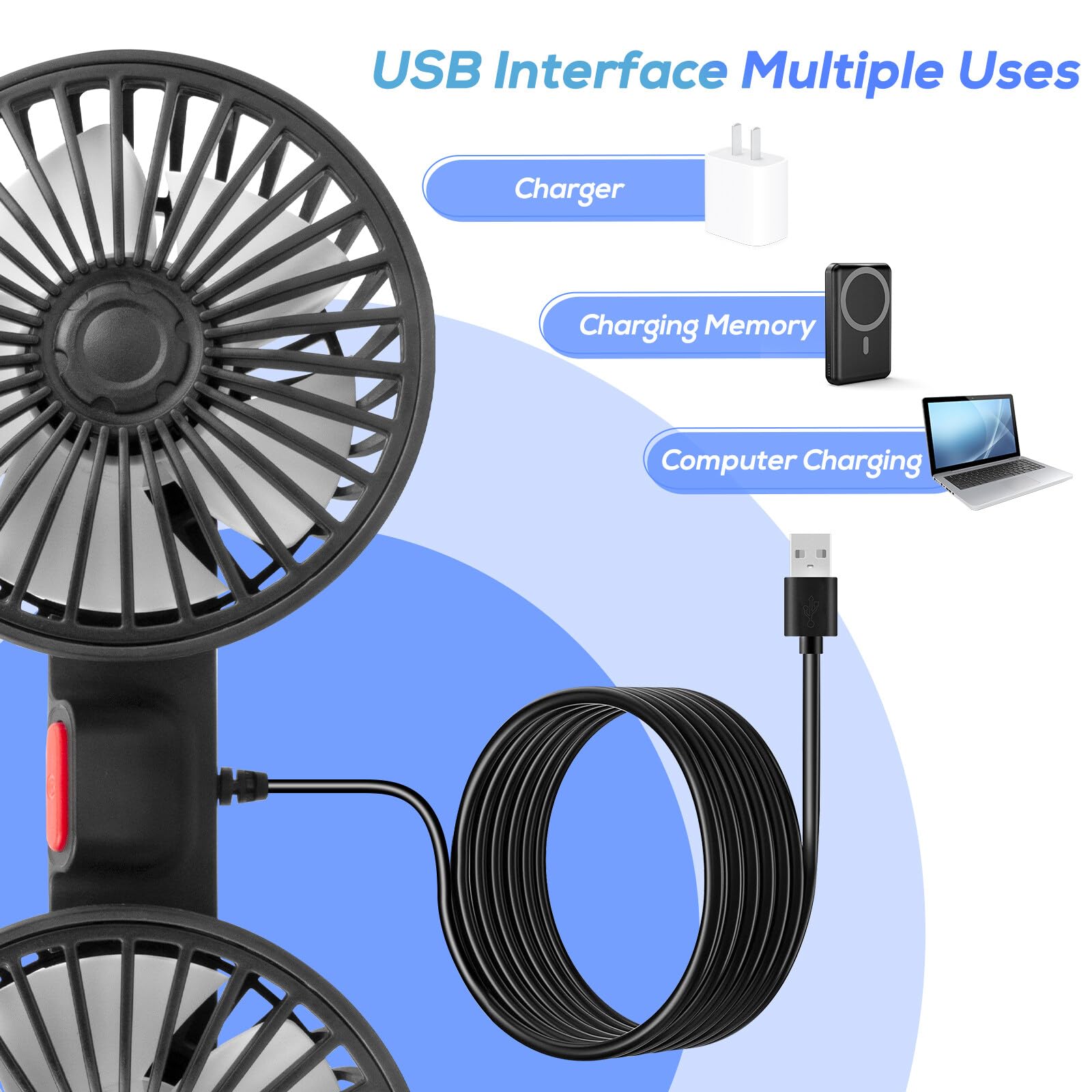 Ventilateur de voiture, 5 V 2 A, double tête, 3 vitesses, réglable, pour siège arrière, rotation à 360 °, USB
