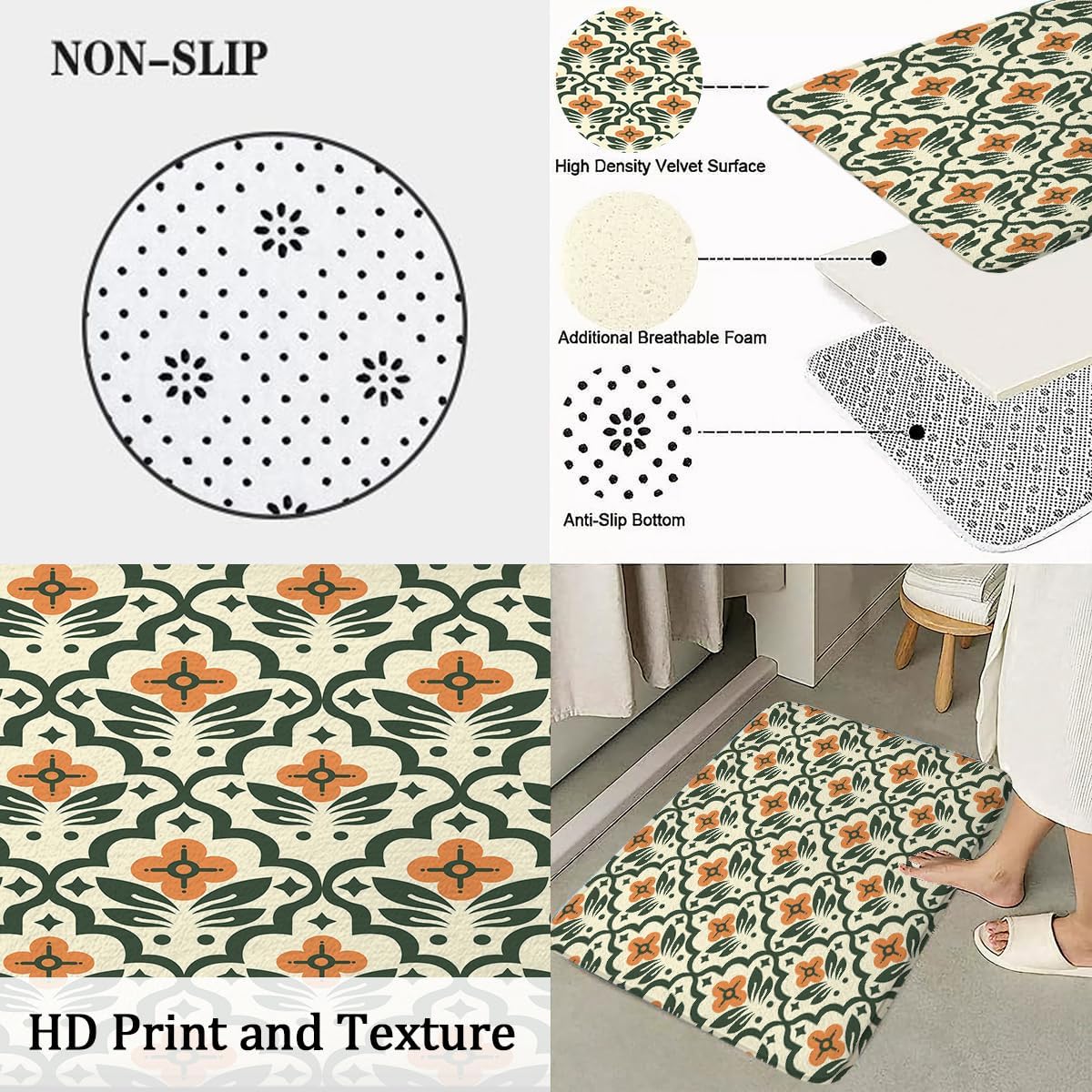 4PCS Vintage Boho Floral Shower Curtain Set, Modern Abstract Orange Green Waterproof Bathroom Accessories with Non-Slip Rugs, Toilet Lid Cover Bath Mat and 12 Hooks, Home Decor 72" X 72"