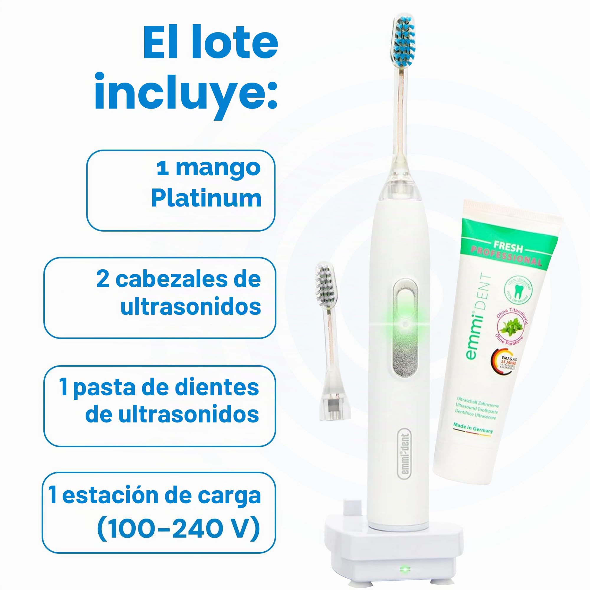 emmi®-dent Metallic Cepillo de Dientes Eléctrico Ultrasónico (Set Básico Blanco) I Ideal para Dientes y Encías Sensibles I Cepillado Óptimo sin Frotar I Hasta 12 Días de Batería