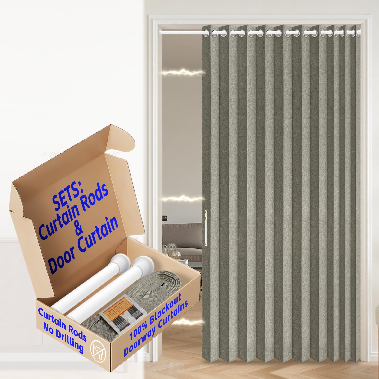 AJAZZ 100% Blackout Accordion Door Interior Magnetic Door Curtain for Bedroom Living Room Kitchen Doors Curtains Sets Included Rod, 1Pack, W55 x L80 Inch, Grey
