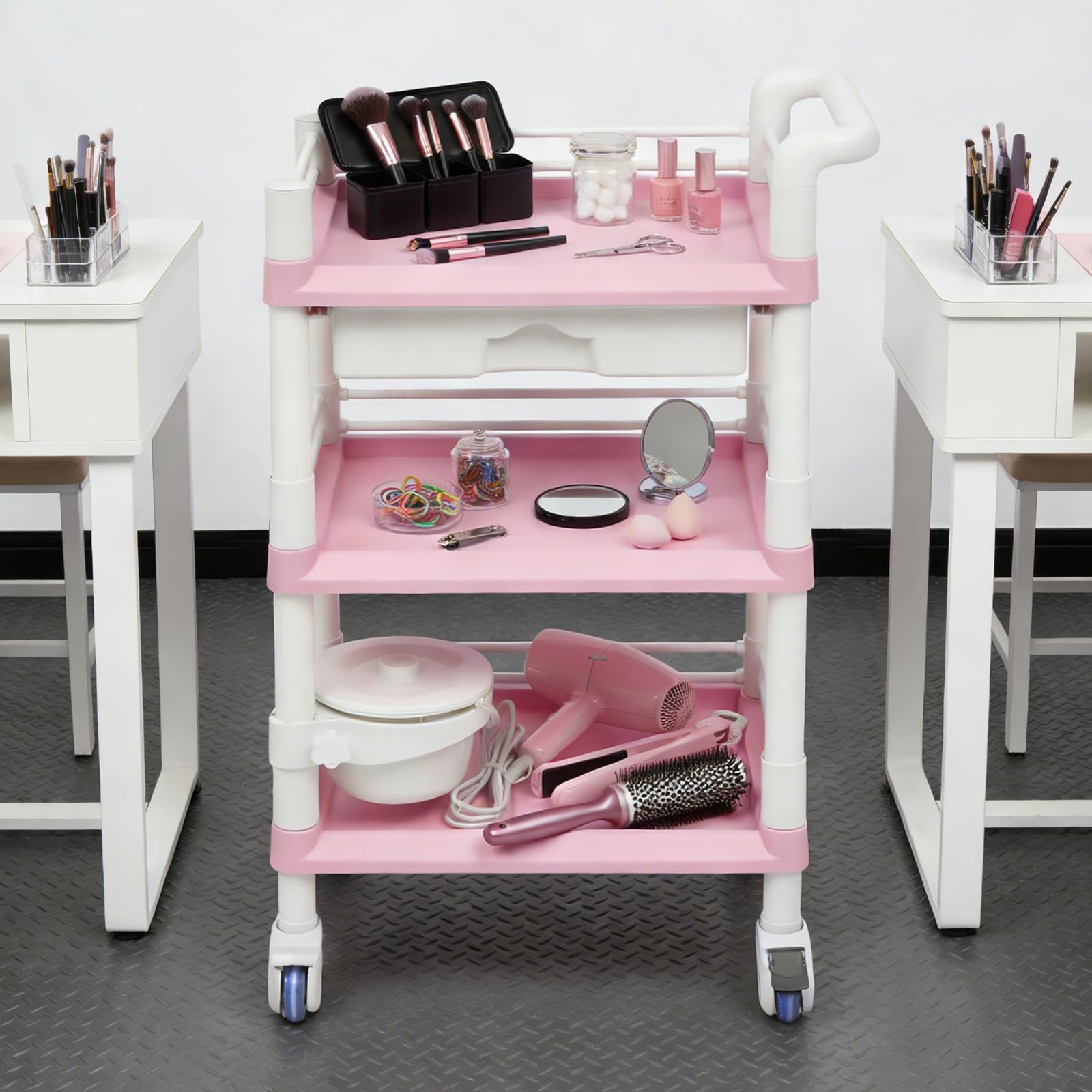 Carrito de salón Beauty con 3 estantes, cajón y cubo, carrito de almacenamiento enrollable para accesorios de belleza, salón de uñas, suministros de peluquería, color rosa y blanco, soporta 100 kg