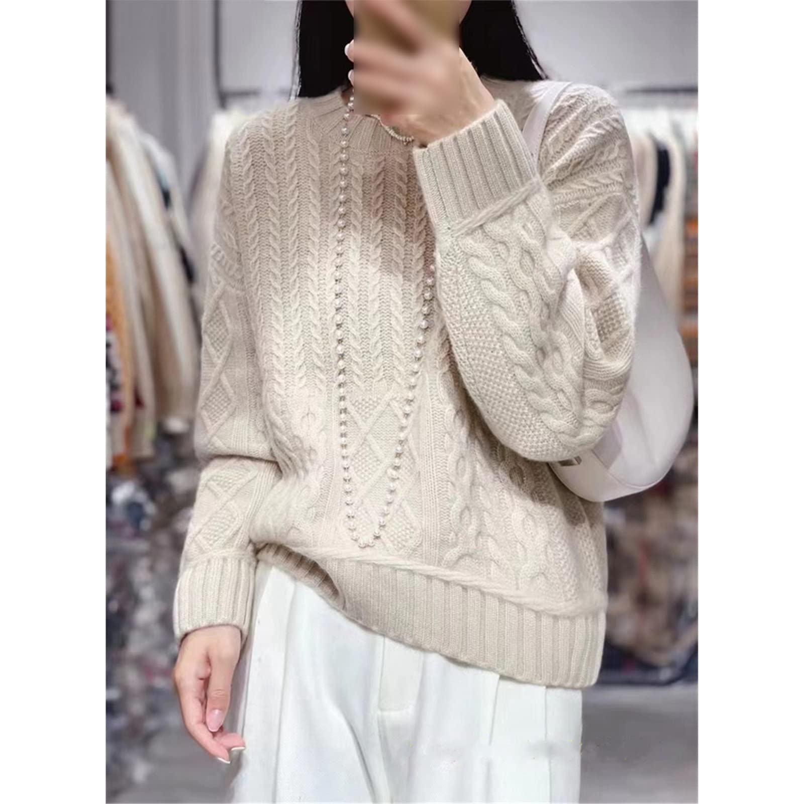 Kelsiop Maglione in lana cashmere maglione girocollo da donna primavera e autunno moda maglione sciolto spesso