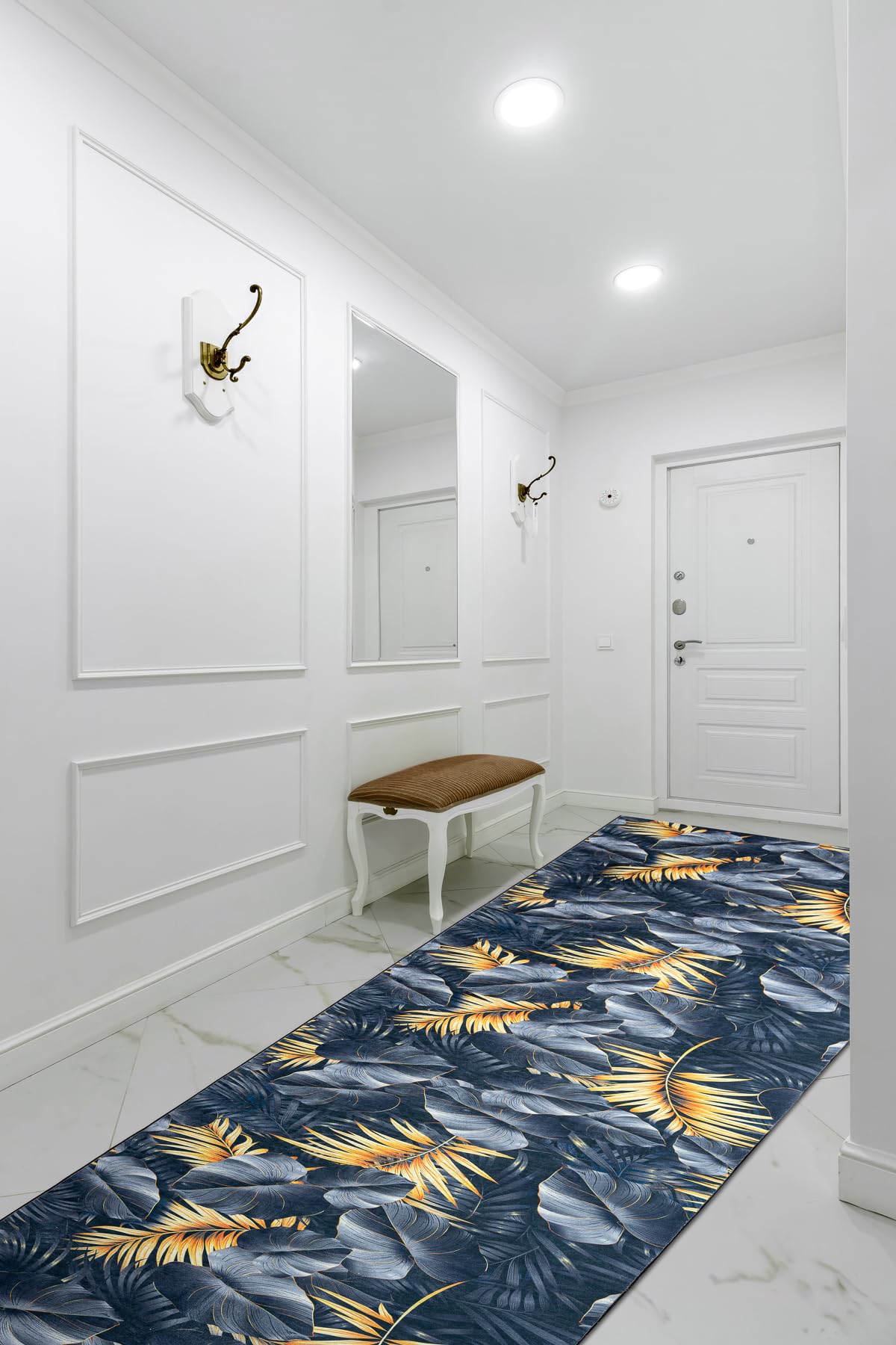 rugsx Tapis Antidérapant Lotus Ferns 45270 Feuilles Gris/Or - Lavable - 60x350 cm - Tapis de Couloir Antiglisse pour Cuisine et Entrée
