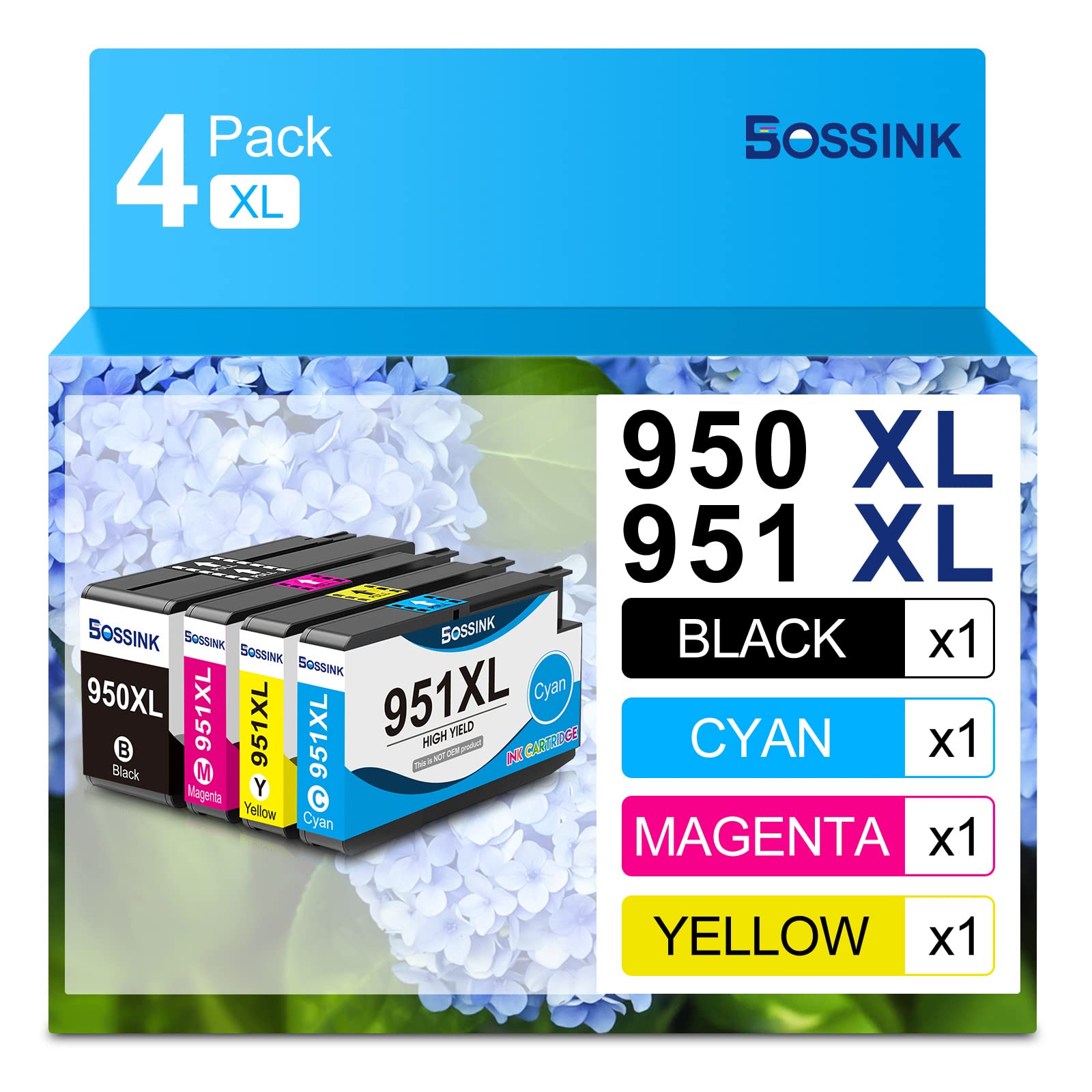 BOSSINK 950XL 951XL Ink Cartridge Replacement for HP 950 951 XL Work for HP Officejet Pro 8600 8610 8100 8620 8630 Printer,4 Combo Packs 1 Black, 1 Cyan, 1 Magenta, 1 Yellow