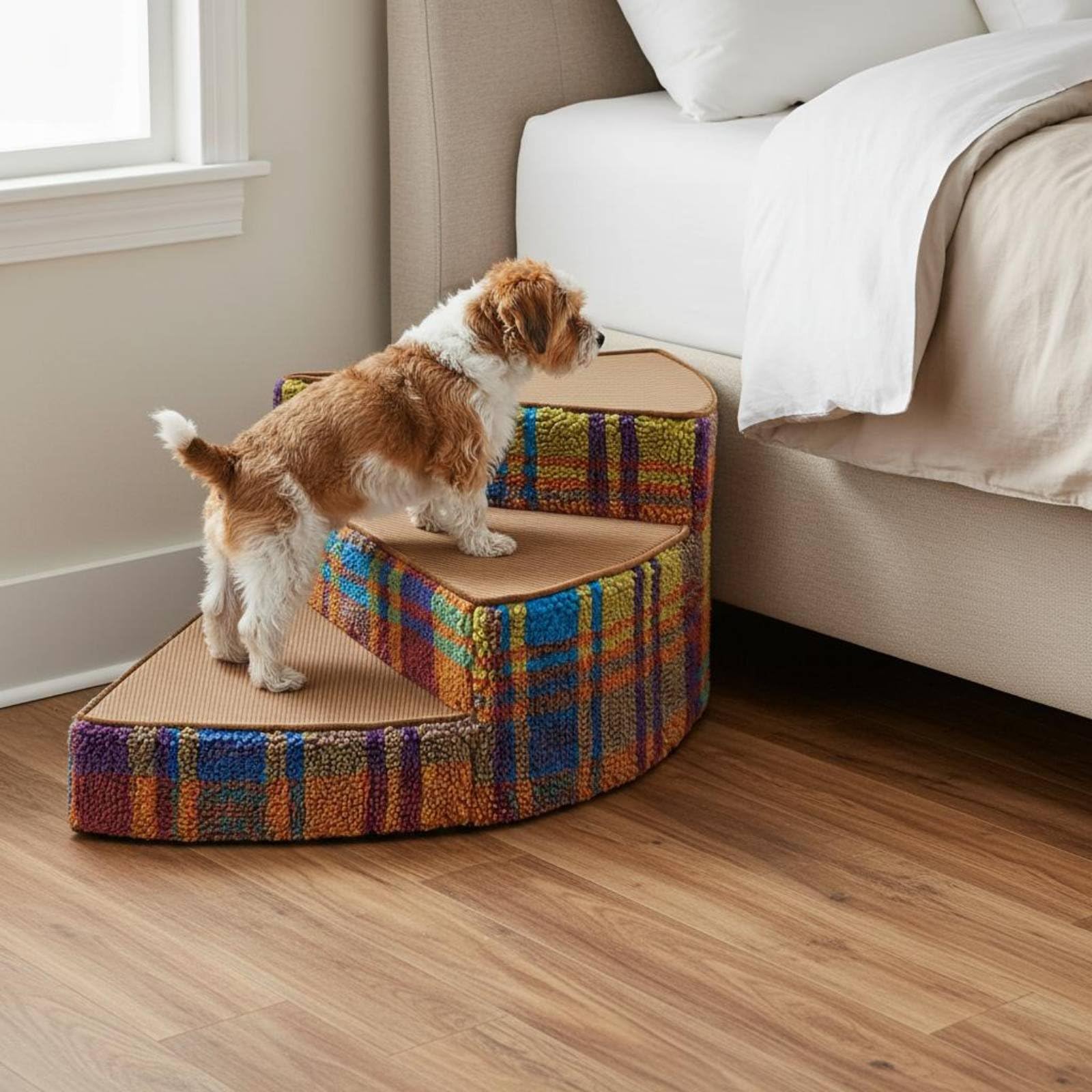 Escalera Industrial para Animales Escalerilla de Espuma con Diseño en Espiral Soporte Firme para Articulaciones Funda Desmontable y Lavable Apta para, Cuadro Colorido, 3 Pasos 45-31cm