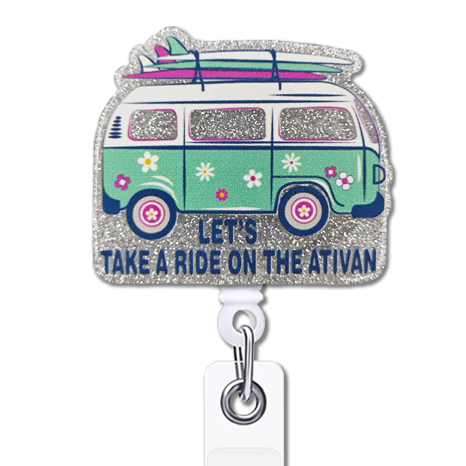 YAZMEEN Nurse Retractable Badge Reel with Alligator Clip Let's Take A Ride On The Ativan ID Card Badge Holder Medical Humor Badge Funny Silver Glitter