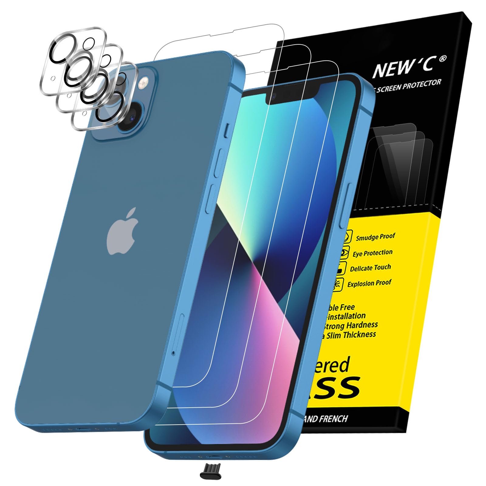 NEW'C 3x for iPhone 13 Screen Protector (6.1 inches)+ 3x Camera Lens Protector, Sensor Protection + Dust Plug - Case Friendly Tempered Glass Film, Ultra Resistant