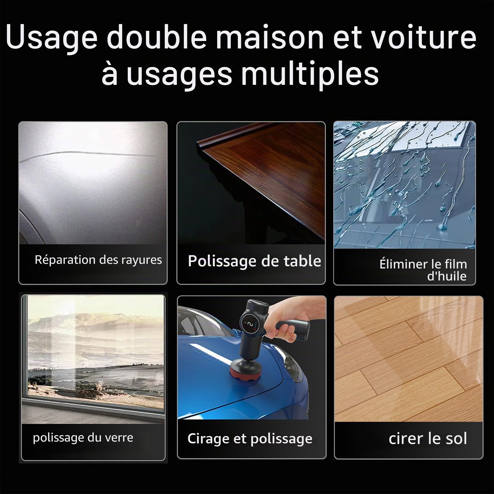 Polisseuse sans fil pour voiture avec écran LCD, kit de polissage à 2 vitesses réglables, polisseuse électrique multifonctionnelle pour le polissage du métal, du bois et du bois