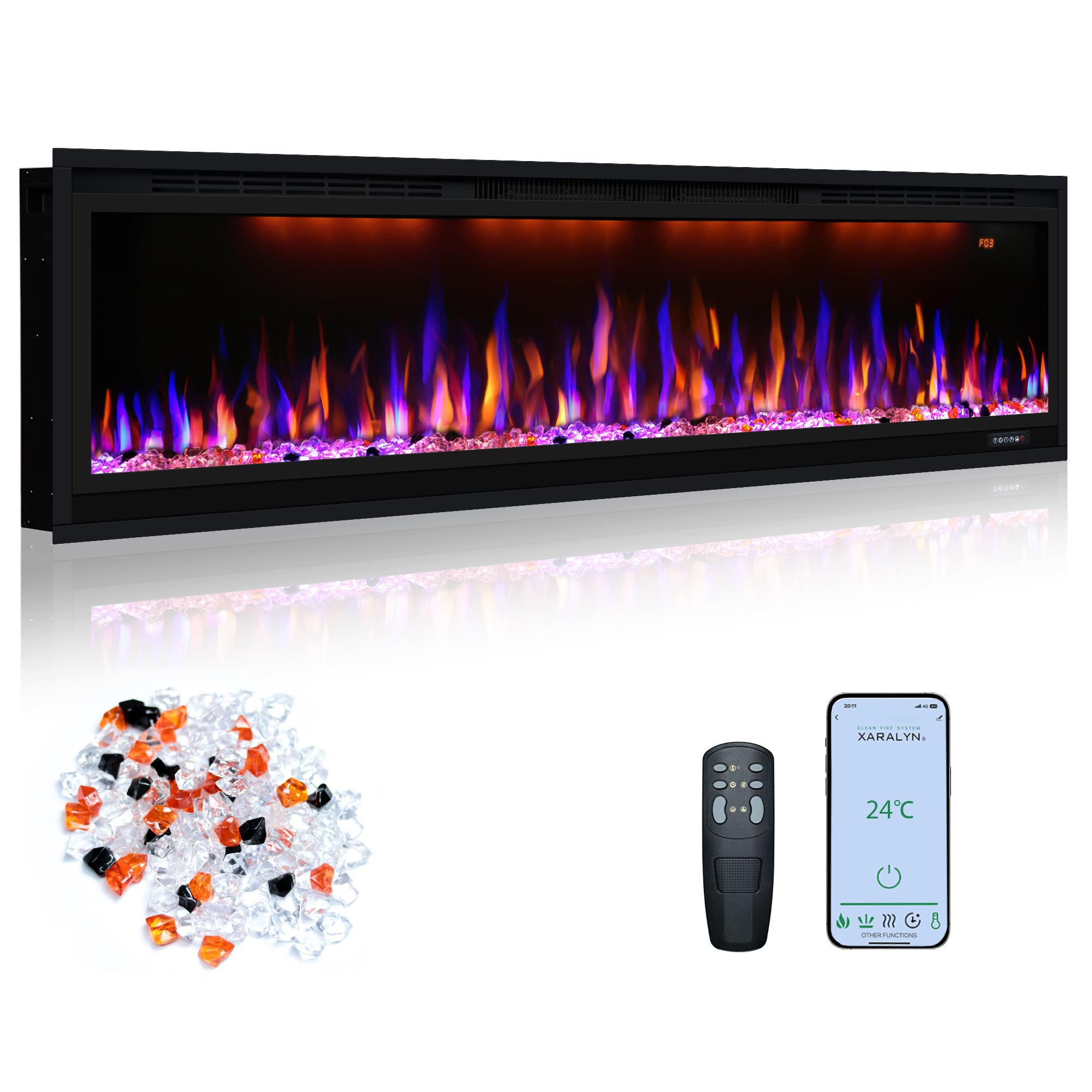 Elektrischer Kamin, schmaler Einbaukamin mit Fernbedienung, mehrfarbige Flammeneffekte mit realistischen Holzscheiten, Thermostat mit Timer, 750/1500 W, Schwarz