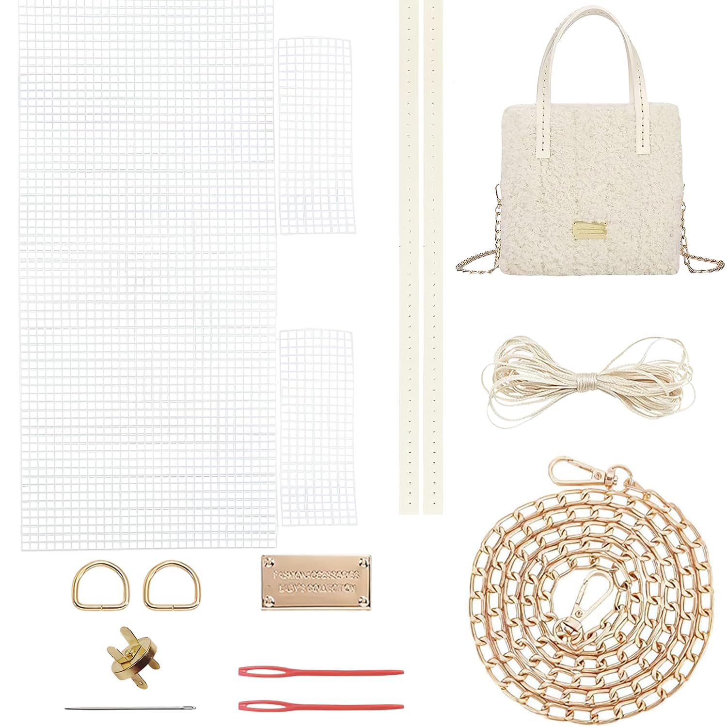 BendJoy® Crochet Kit for DIY Handbag, Mesh Plastic Canvas Sheet for Bag Making, Shoulder Bag Making Materials for Women (Without Yarn), White-image-46